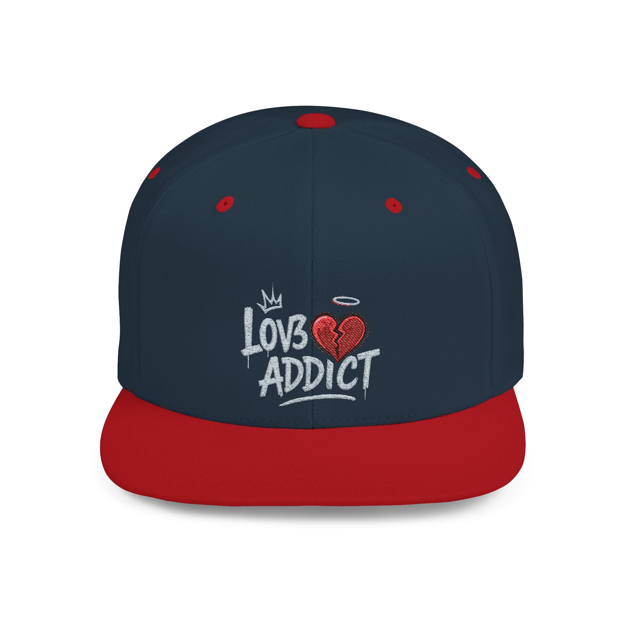 Flat Bill Snapback Hat — 'Lov3 Addict' Heart Embroidered Cap