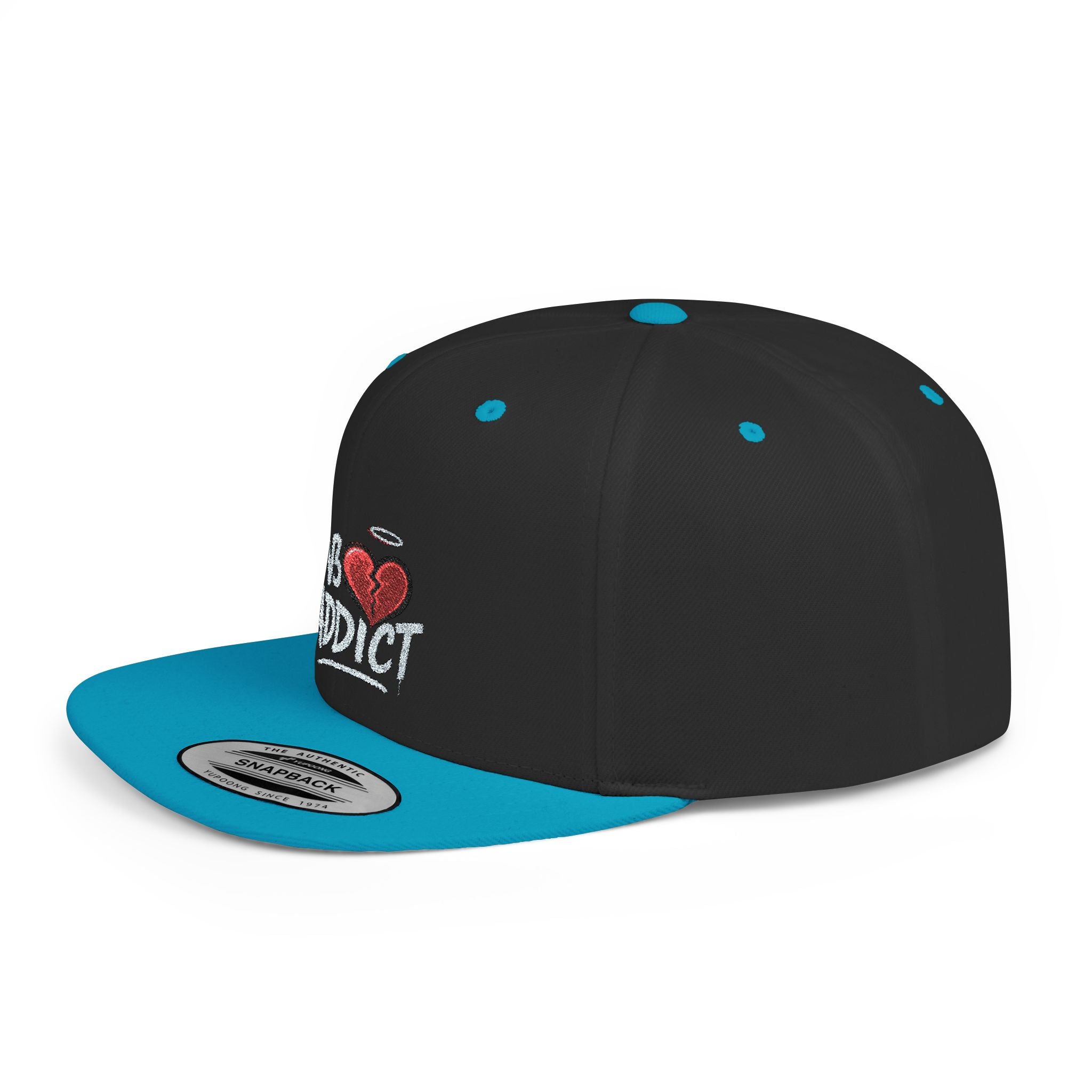 Flat Bill Snapback Hat — 'Lov3 Addict' Heart Embroidered Cap