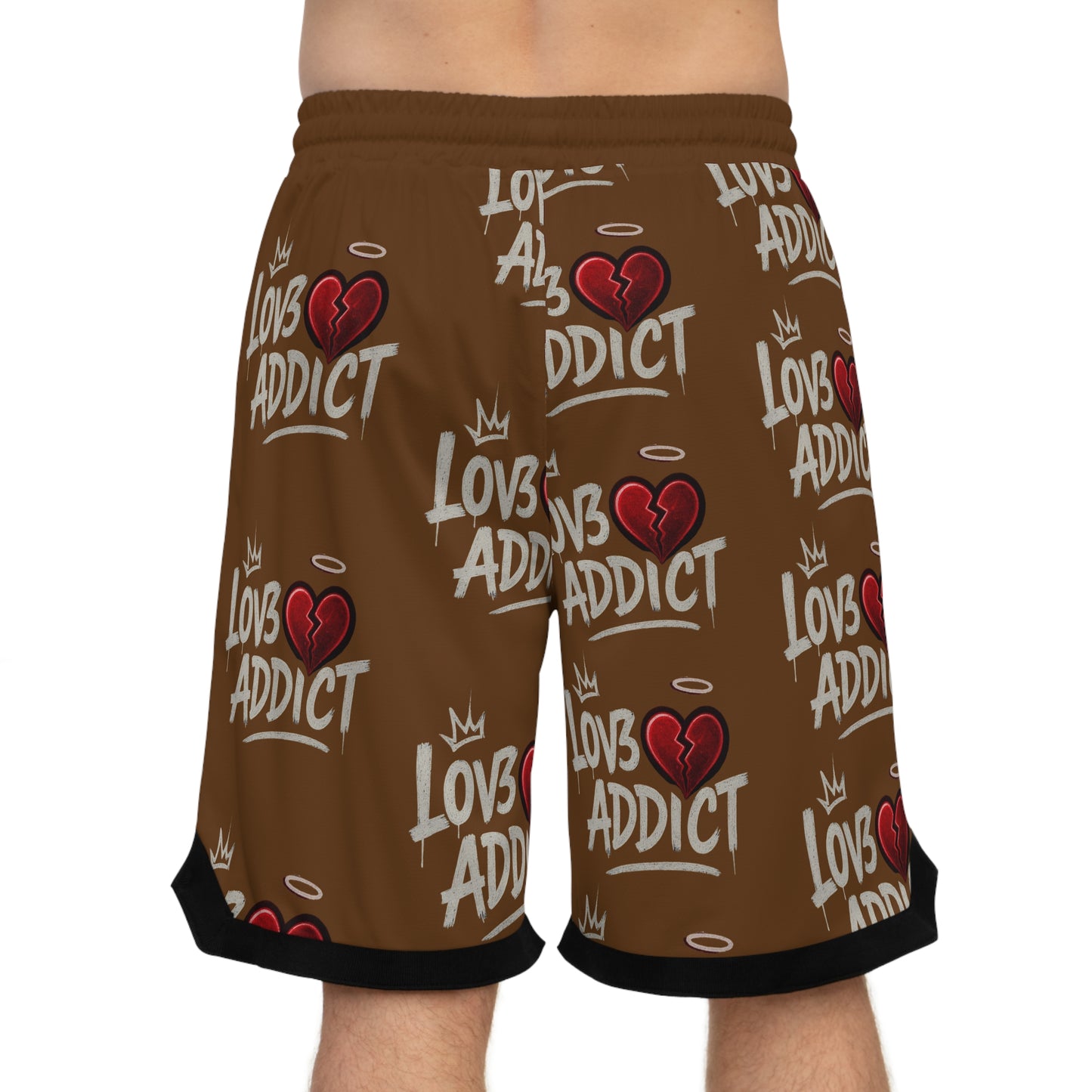 Basketball Shorts — 'Lov3 Addict' Heart Graphic All-Over Print
