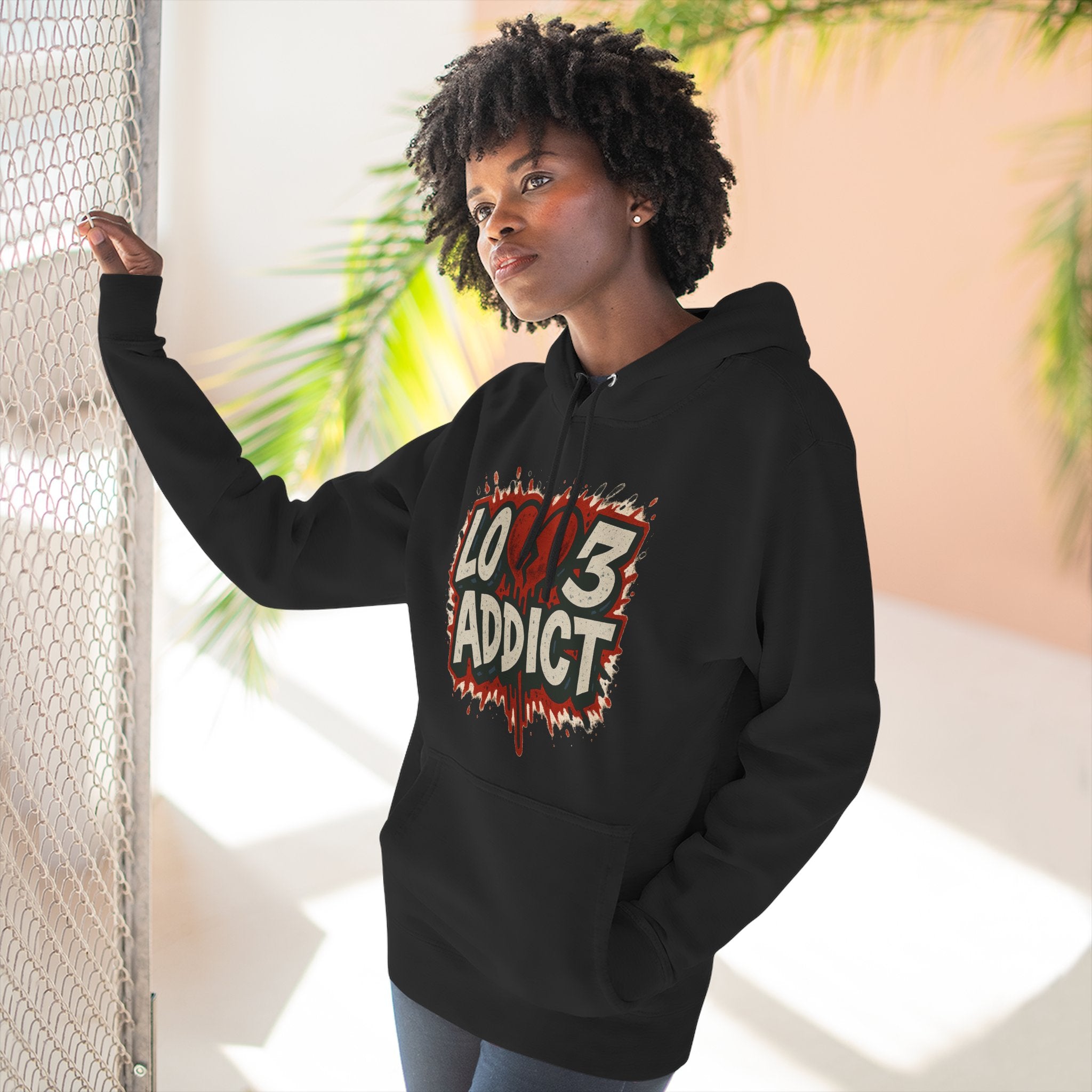 Hoodie - 'Lov3 Addict' Red Cupid Graphic Fleece Hoodie