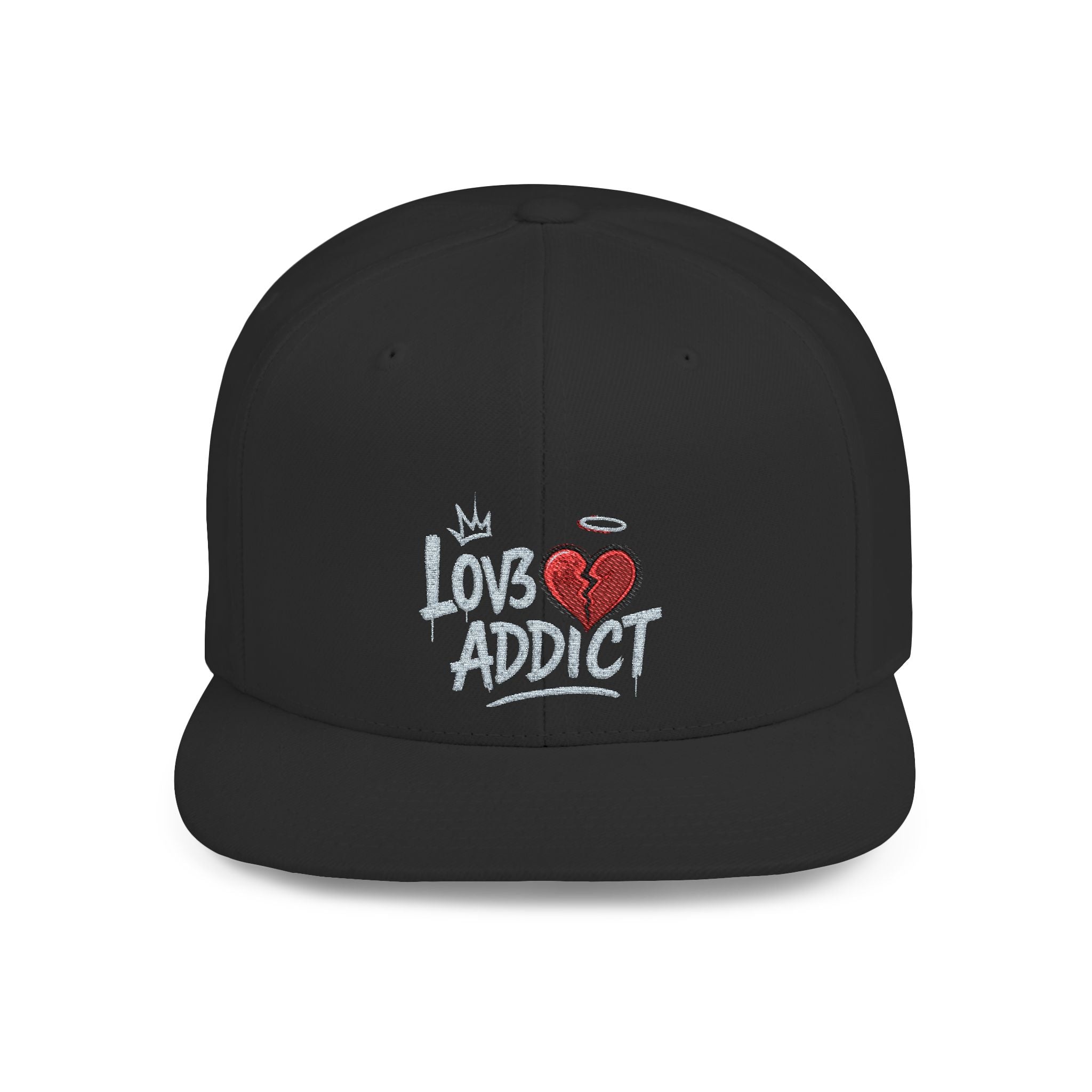 Flat Bill Snapback Hat — 'Lov3 Addict' Heart Embroidered Cap