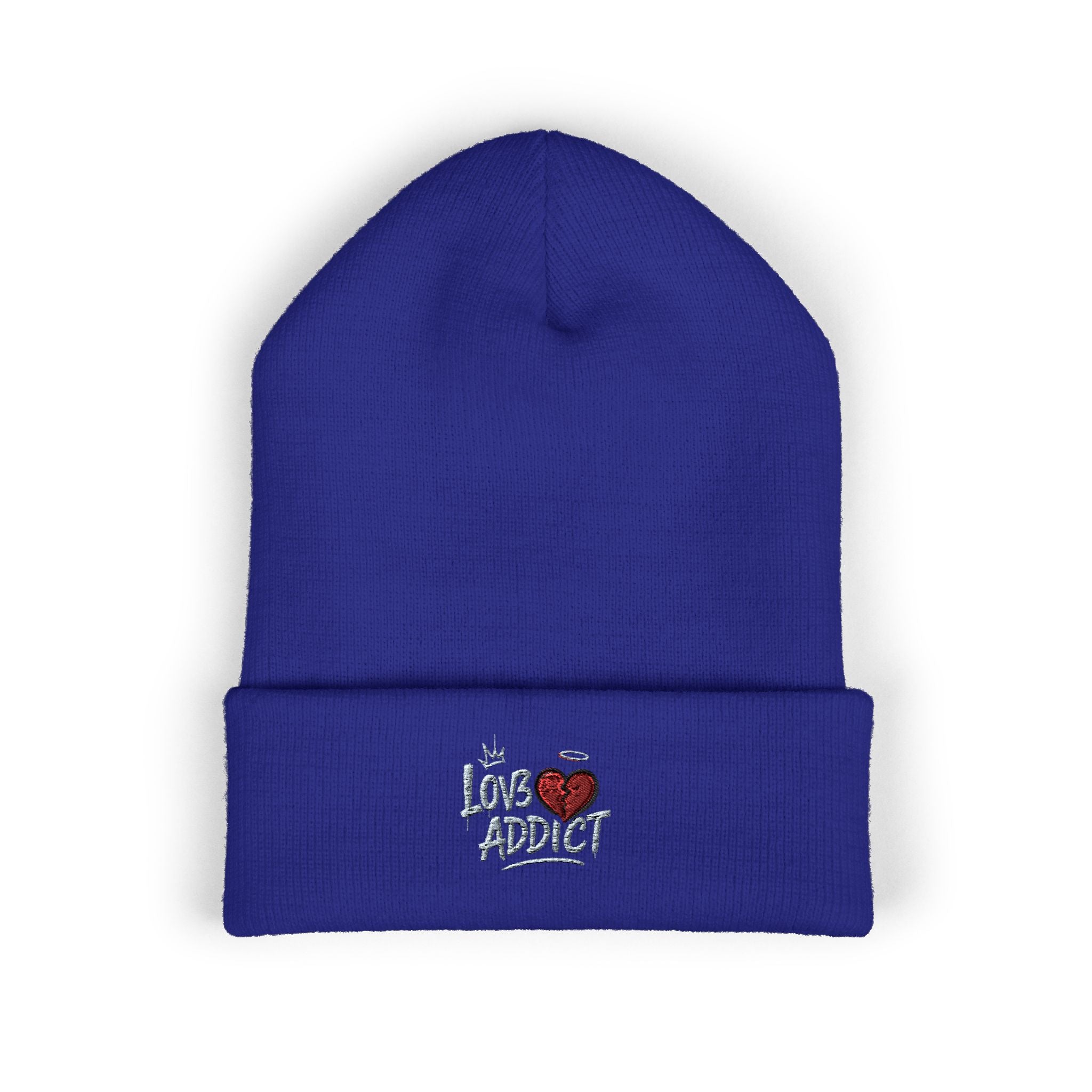 Iced Heart Addict Embroidered Beanie — Classic Cuffed Knit Hat