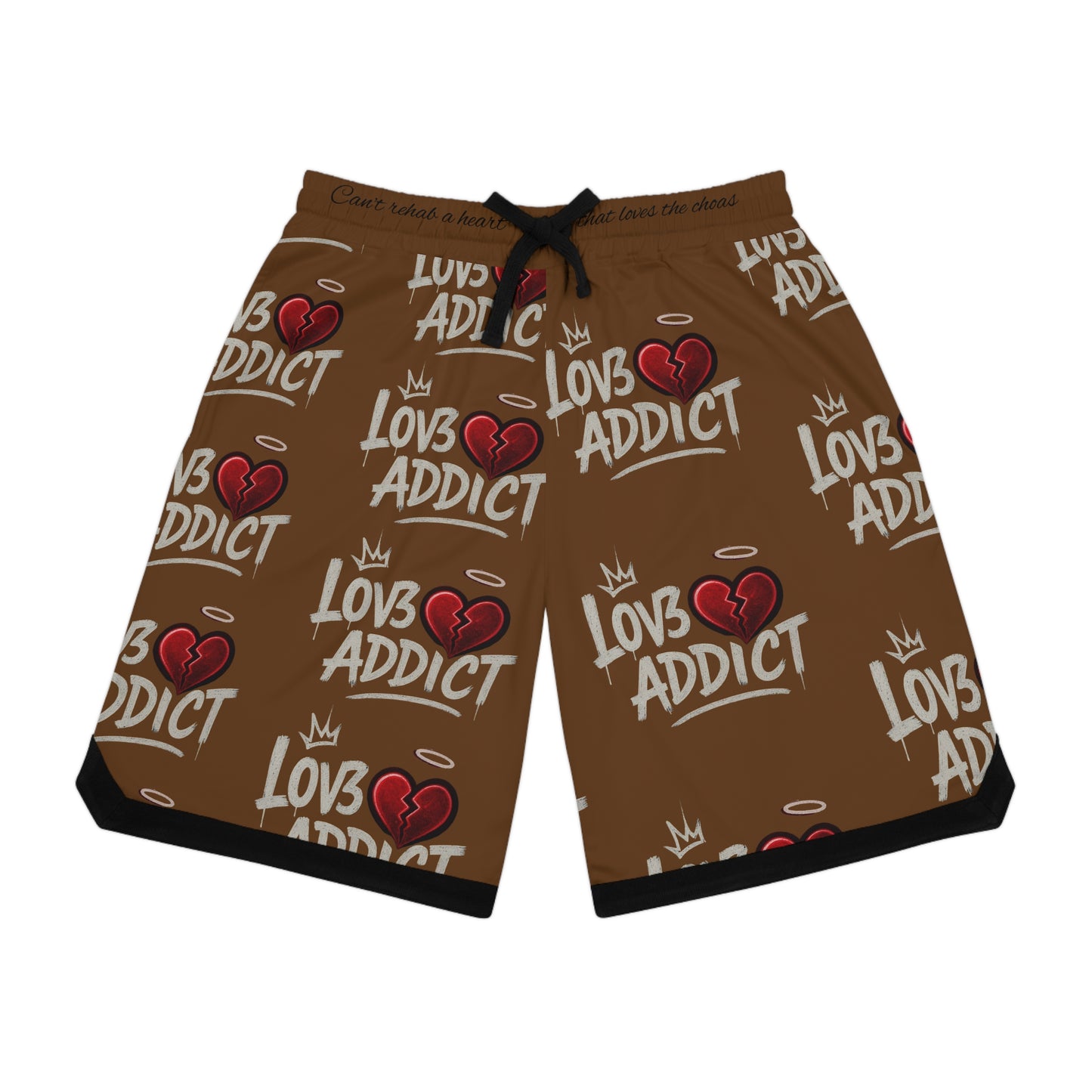 Basketball Shorts — 'Lov3 Addict' Heart Graphic All-Over Print