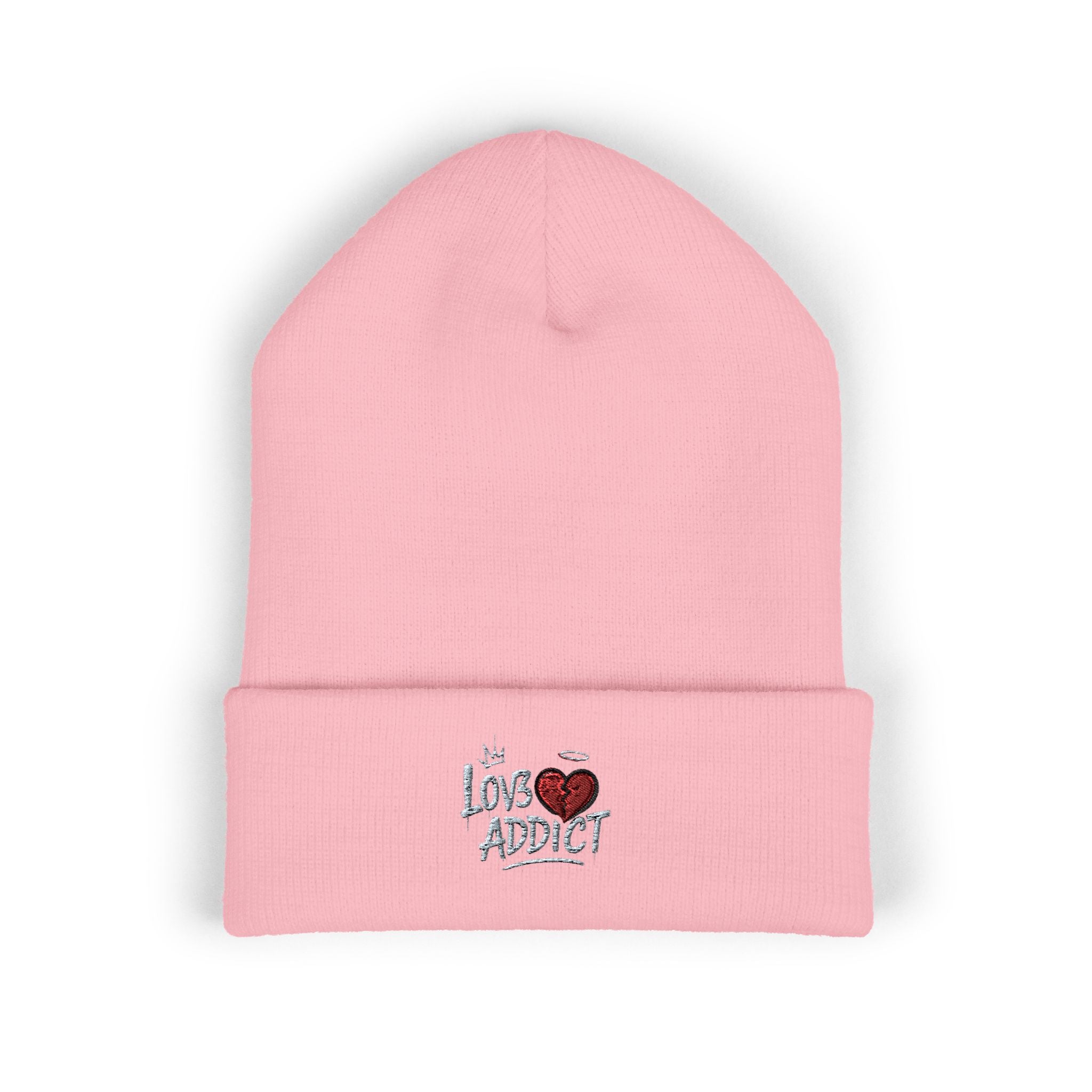 Iced Heart Addict Embroidered Beanie — Classic Cuffed Knit Hat