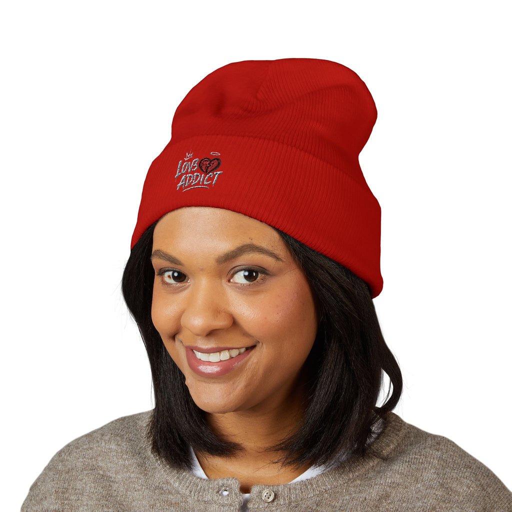 Iced Heart Addict Embroidered Beanie — Classic Cuffed Knit Hat