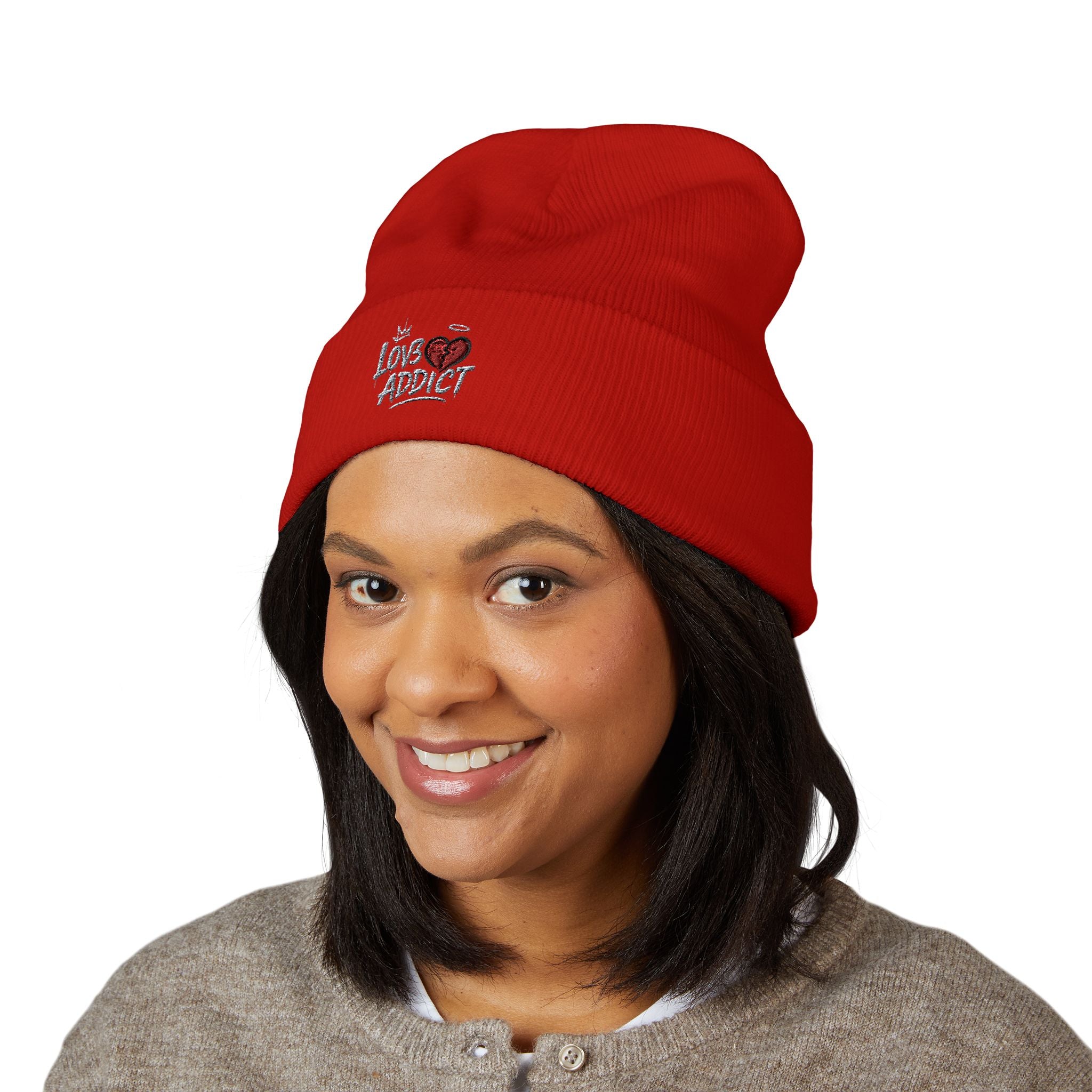 Iced Heart Addict Embroidered Beanie — Classic Cuffed Knit Hat