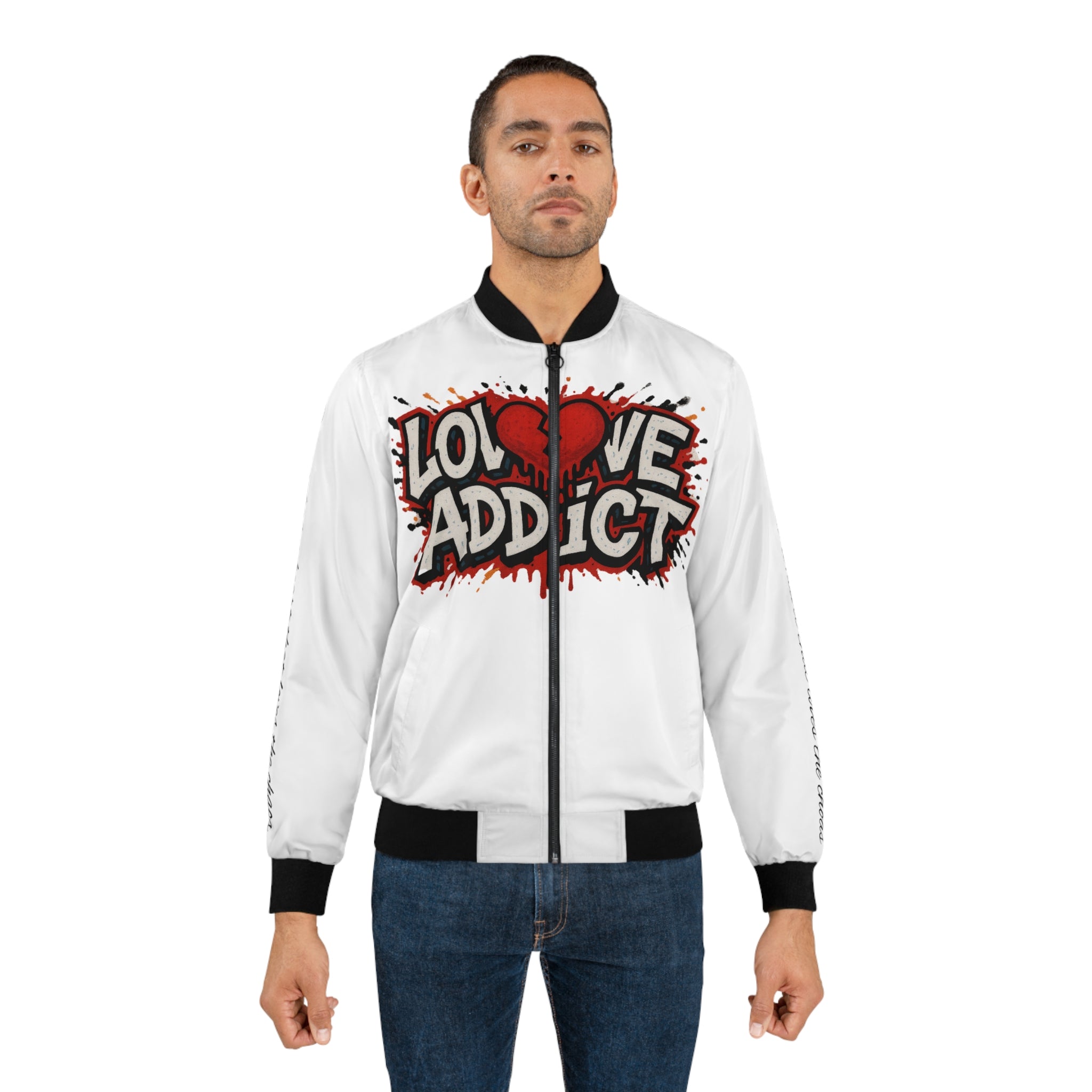 Lov3 Addict Bomber Jacket — Red Cherub Heart AOP