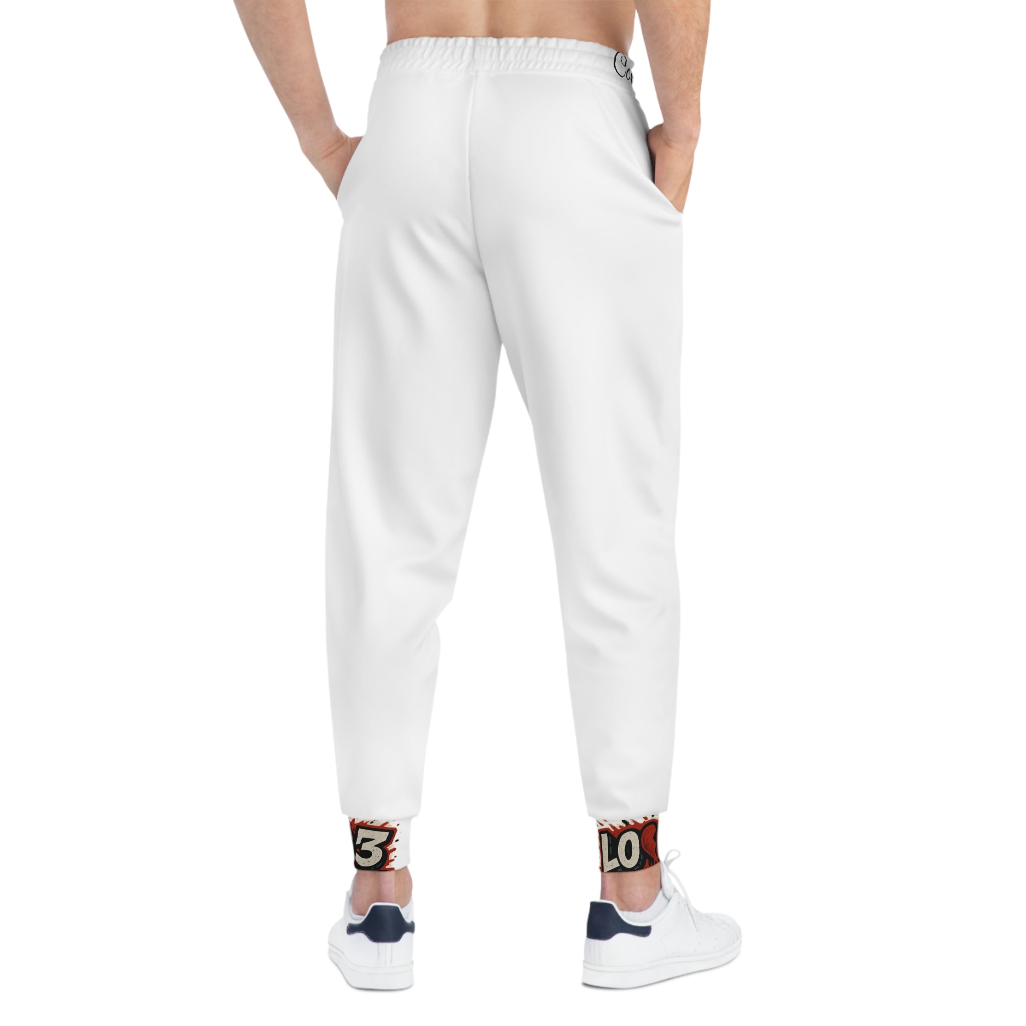 Lov3 Addict Joggers — White Graphic Athletic Sweatpants with Heart Logo