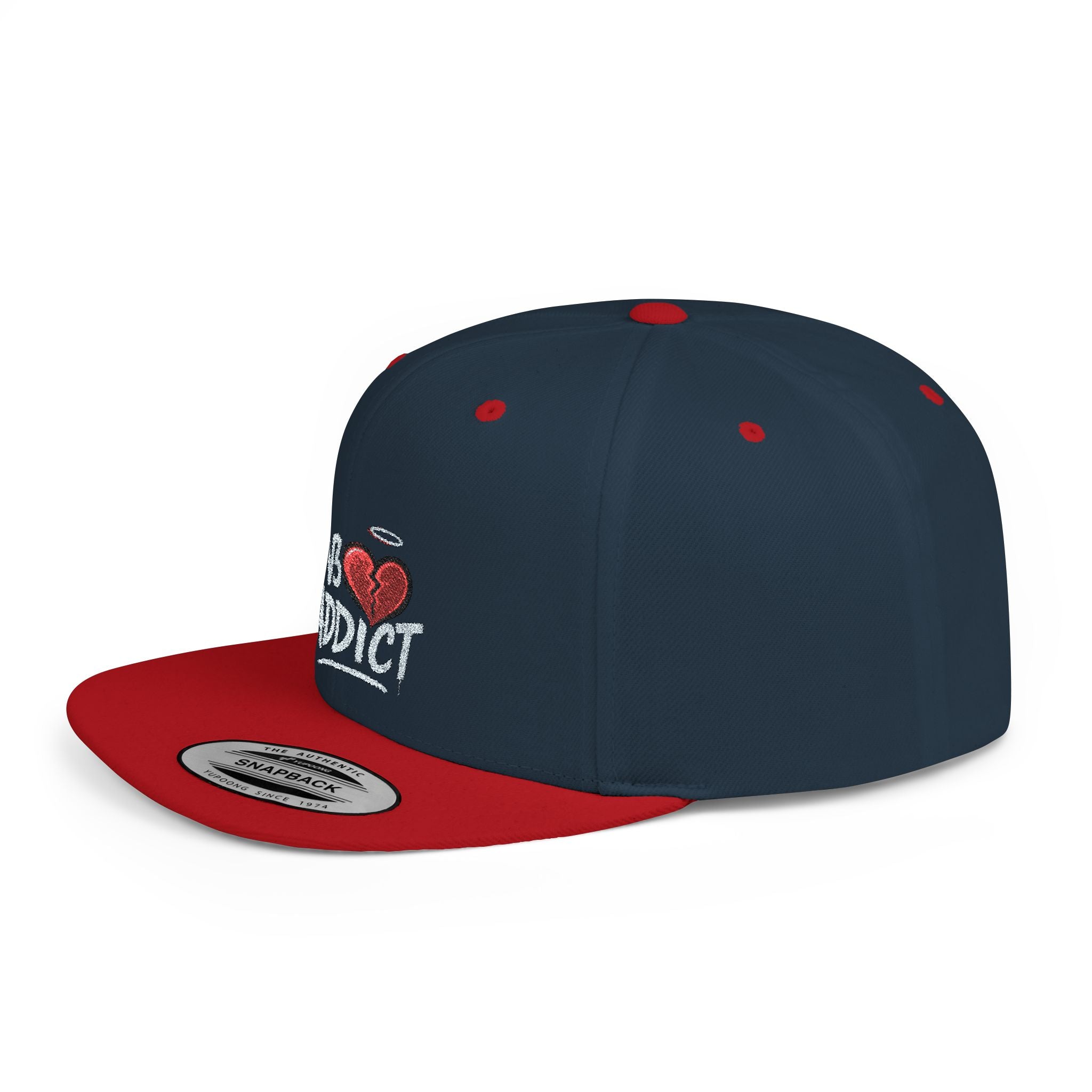 Flat Bill Snapback Hat — 'Lov3 Addict' Heart Embroidered Cap