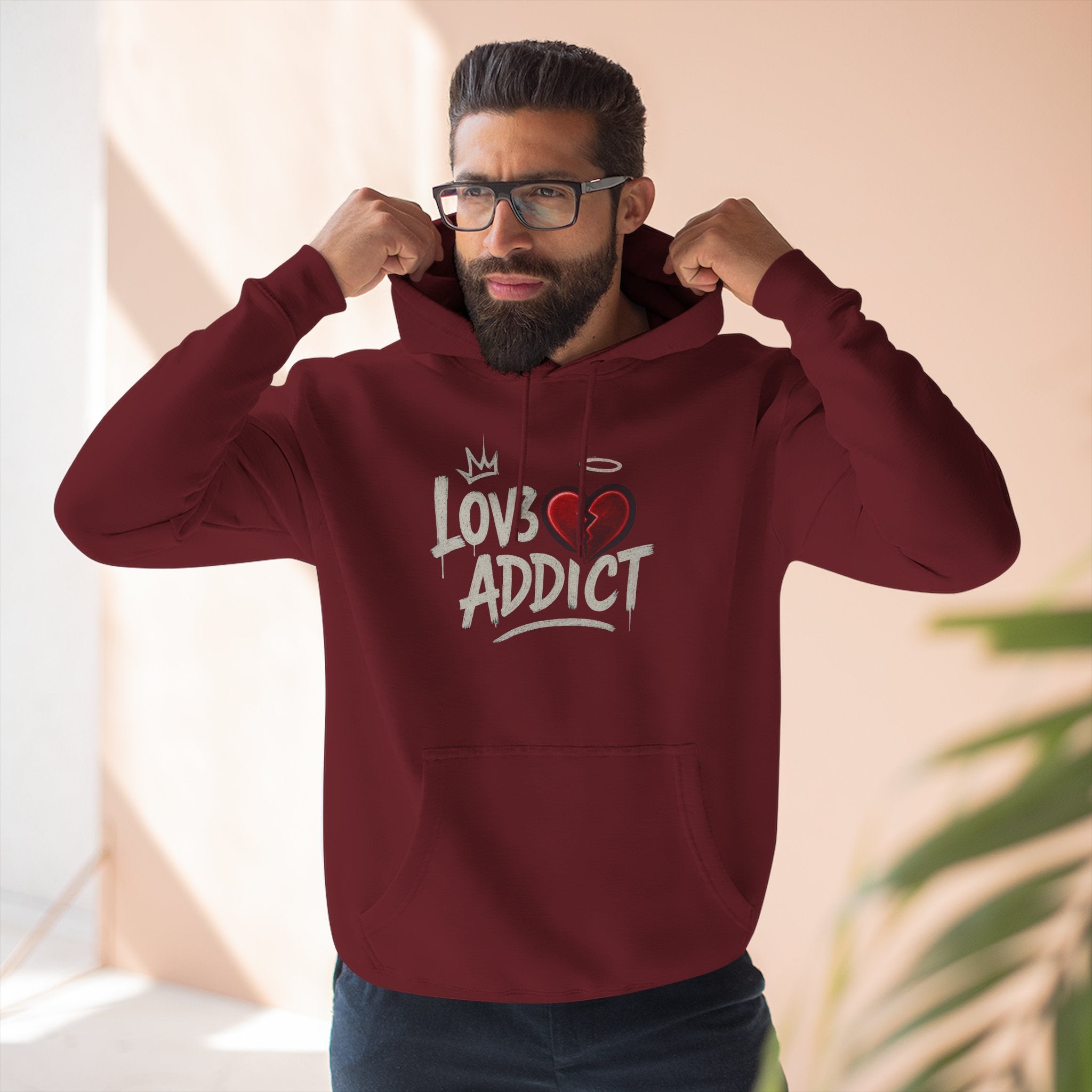 Hoodie - 'Lov3 Addict' Red Cupid Graphic Fleece Hoodie