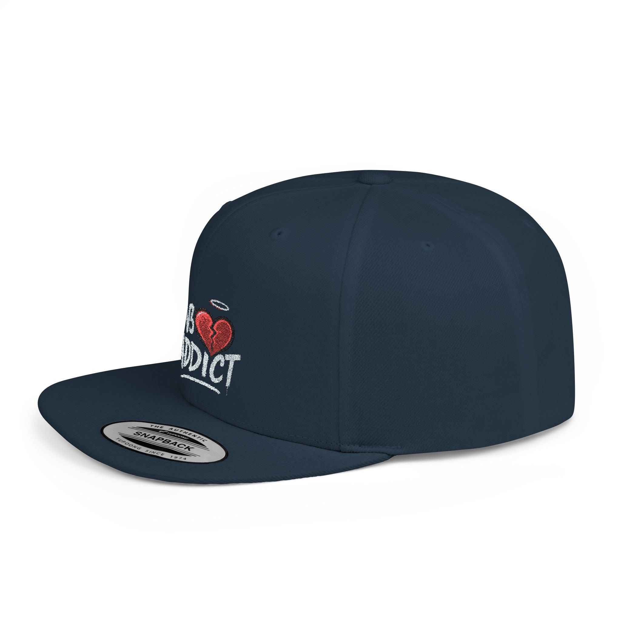 Flat Bill Snapback Hat — 'Lov3 Addict' Heart Embroidered Cap