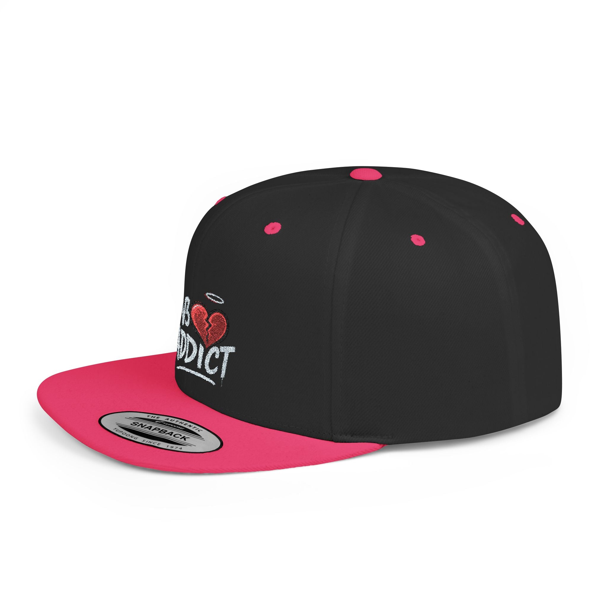 Flat Bill Snapback Hat — 'Lov3 Addict' Heart Embroidered Cap