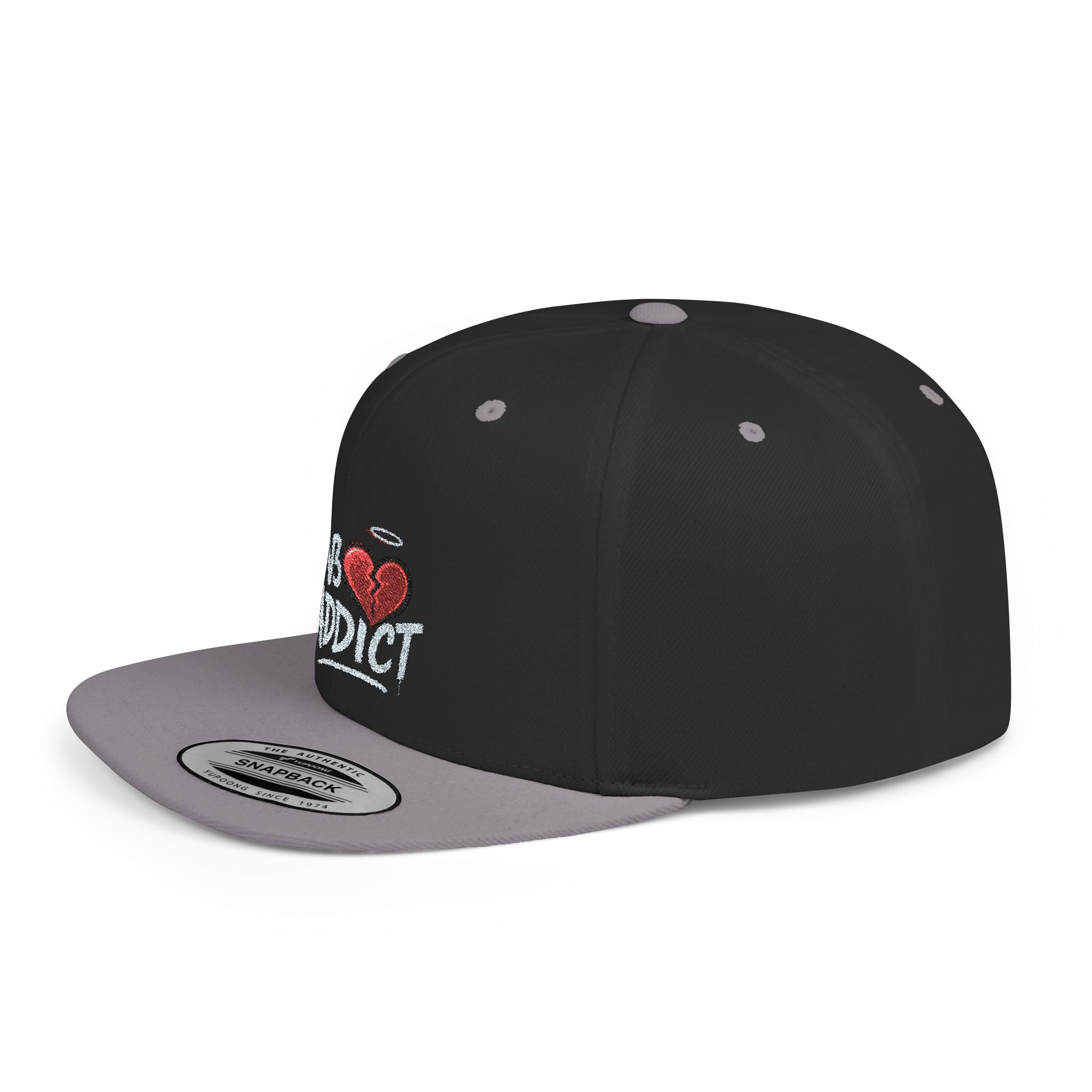 Flat Bill Snapback Hat — 'Lov3 Addict' Heart Embroidered Cap