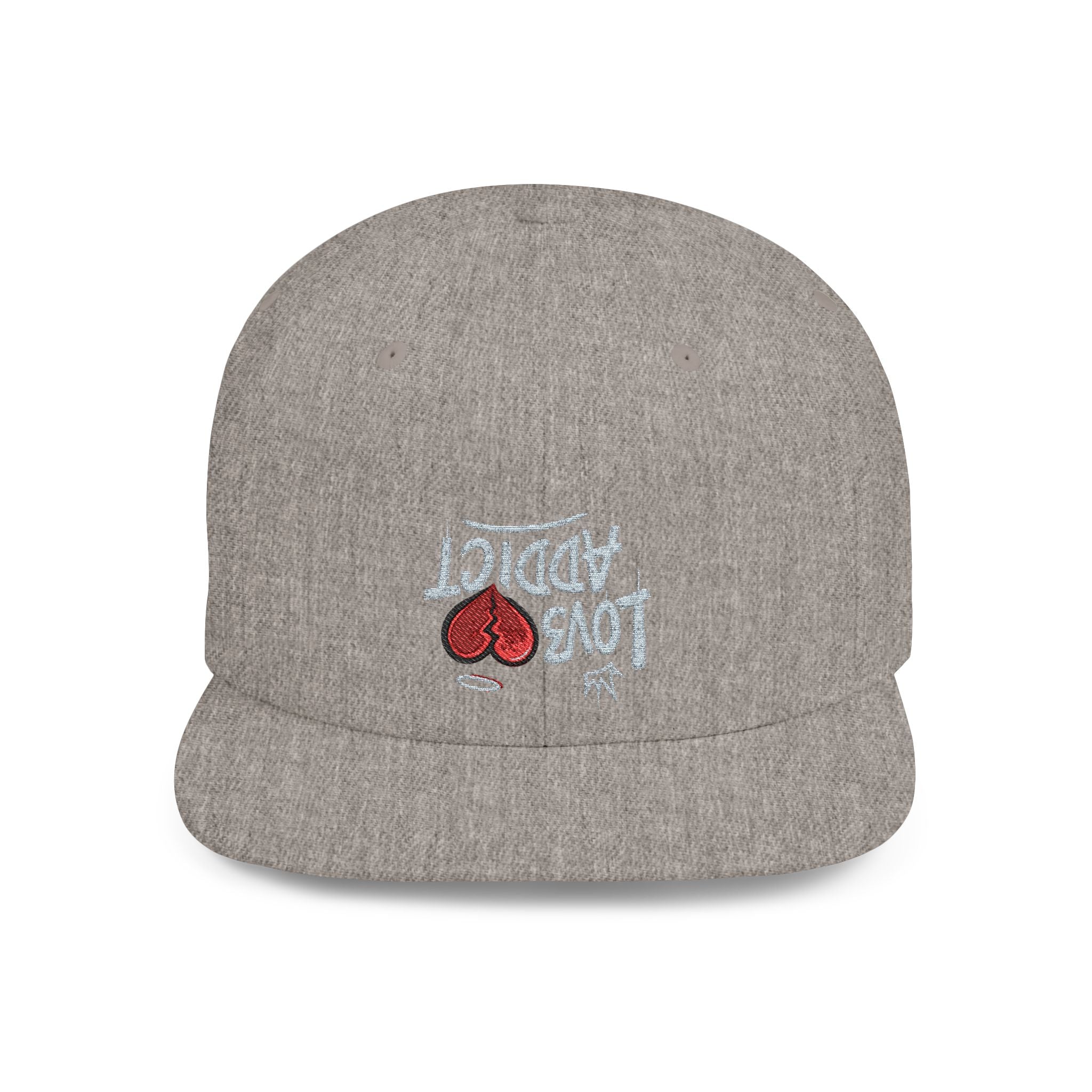 Flat Bill Snapback Hat — Red Heart Glitter Script Embroidered Cap