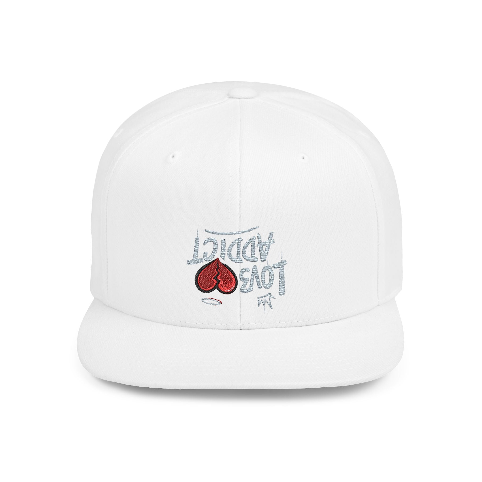 Flat Bill Snapback Hat — Red Heart Glitter Script Embroidered Cap
