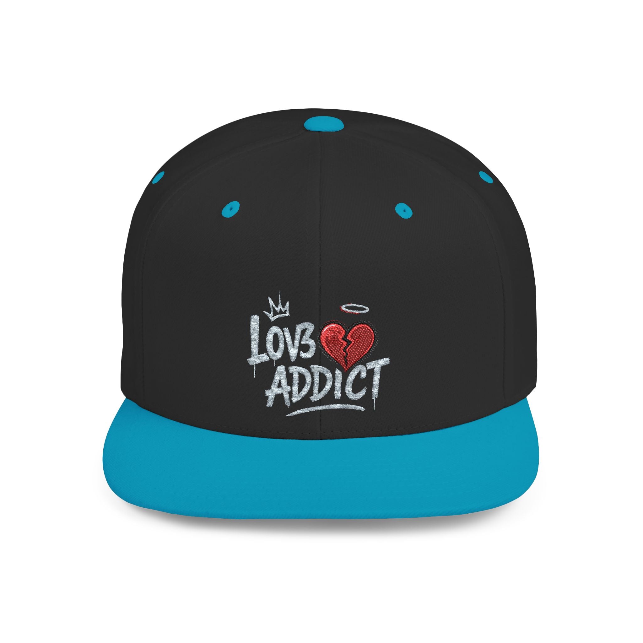 Flat Bill Snapback Hat — 'Lov3 Addict' Heart Embroidered Cap