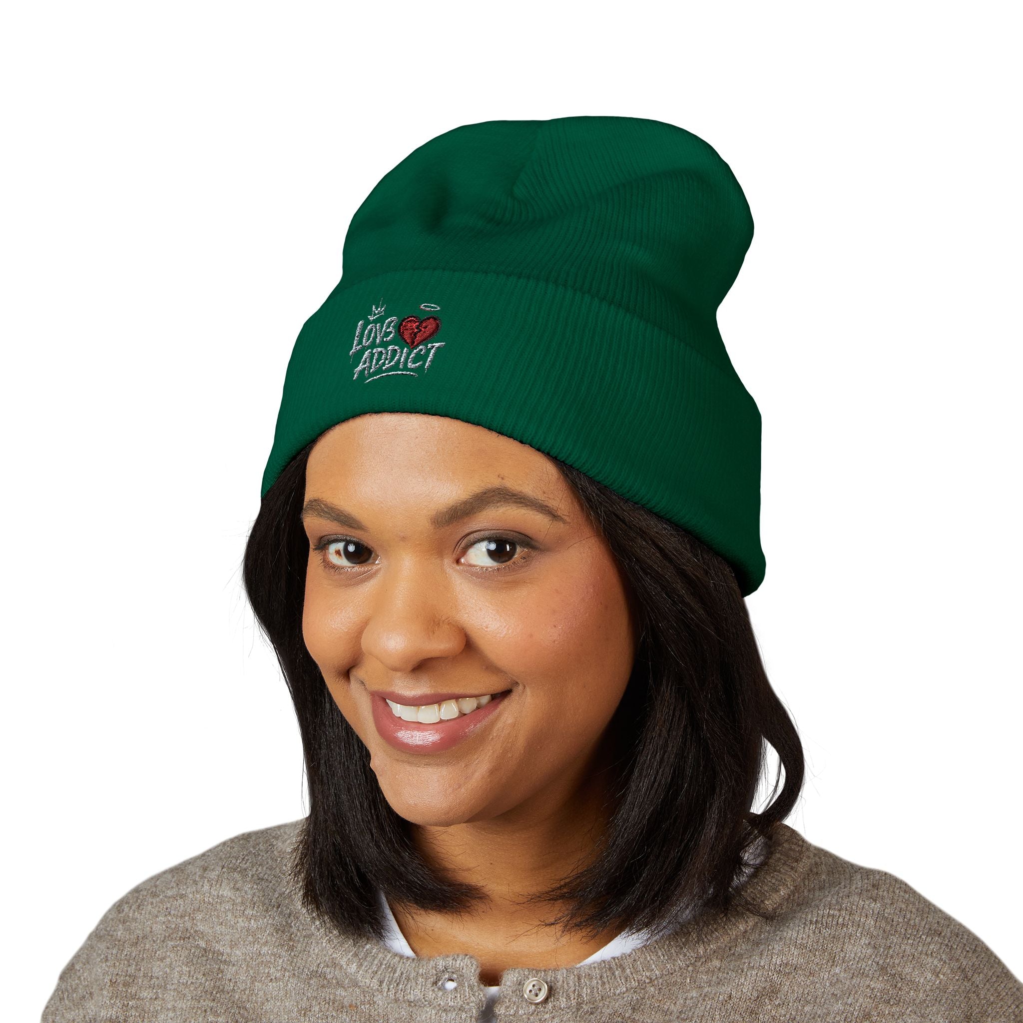 Iced Heart Addict Embroidered Beanie — Classic Cuffed Knit Hat