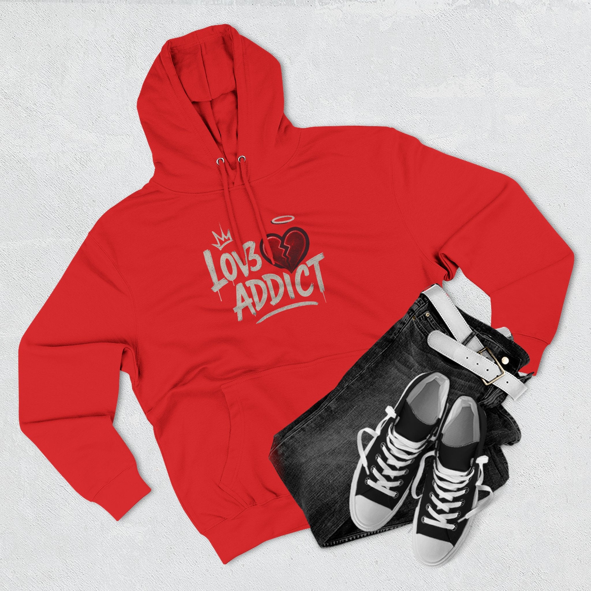 Hoodie - 'Lov3 Addict' Red Cupid Graphic Fleece Hoodie