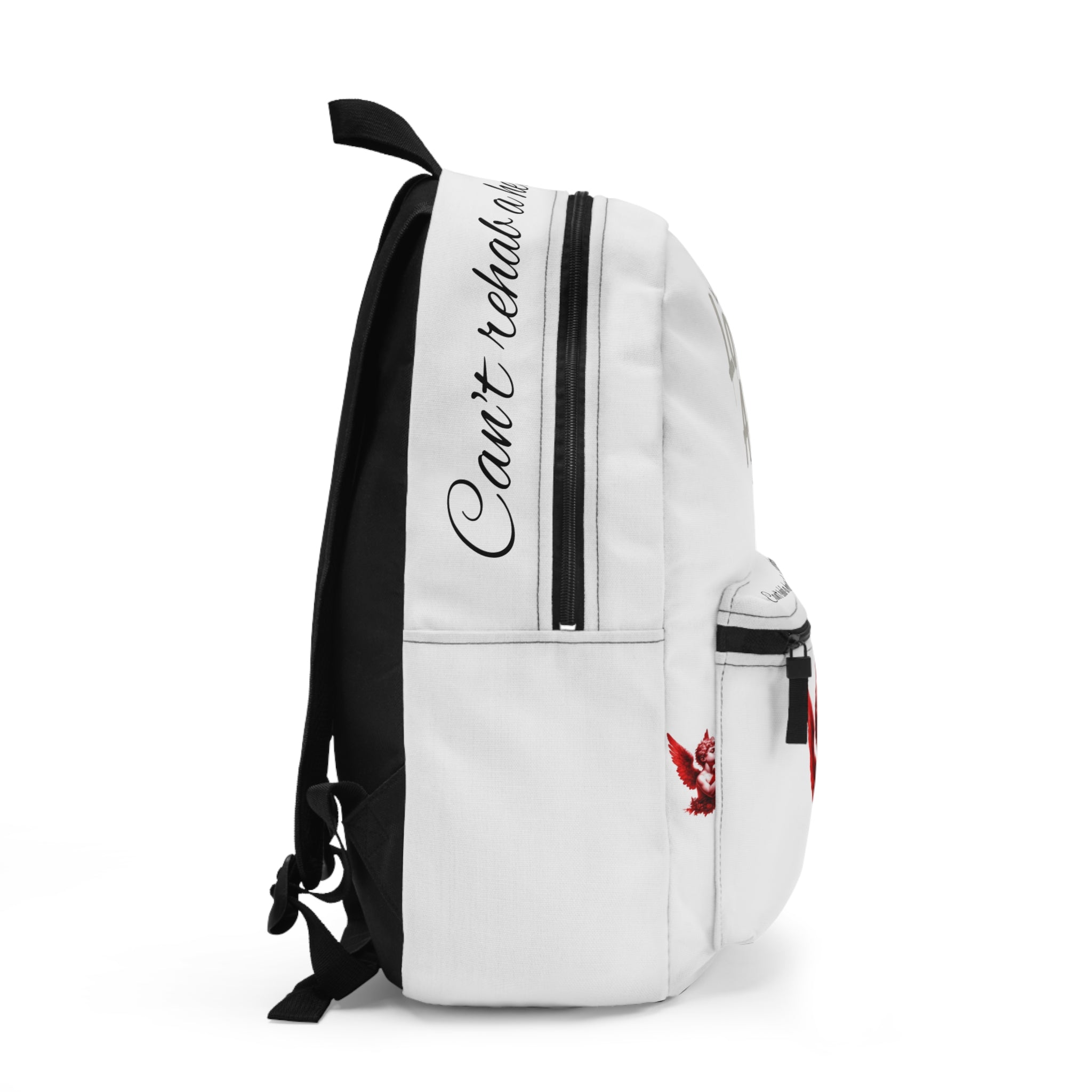 Lov3 Addict Backpack — White Cupid Heart Graphic School Bag