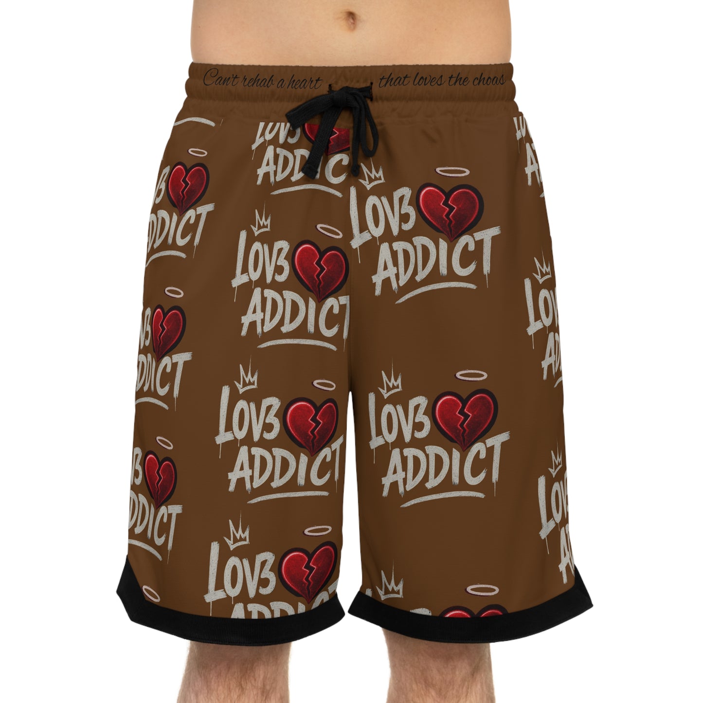 Basketball Shorts — 'Lov3 Addict' Heart Graphic All-Over Print