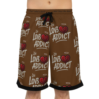 Basketball Shorts — 'Lov3 Addict' Heart Graphic All-Over Print