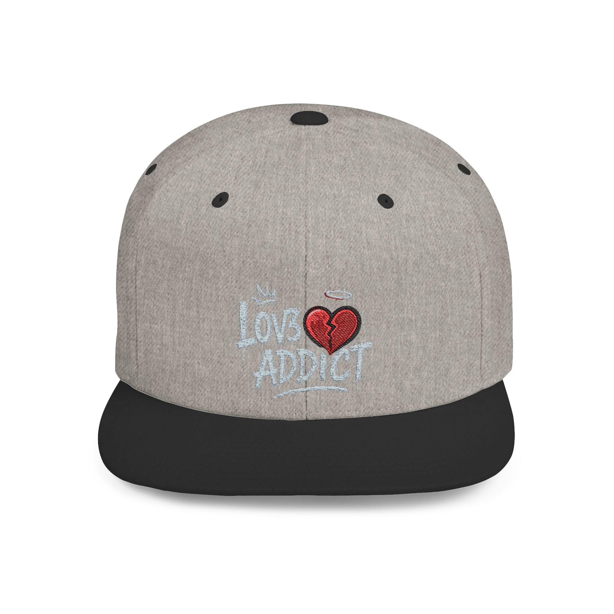 Flat Bill Snapback Hat — 'Lov3 Addict' Heart Embroidered Cap