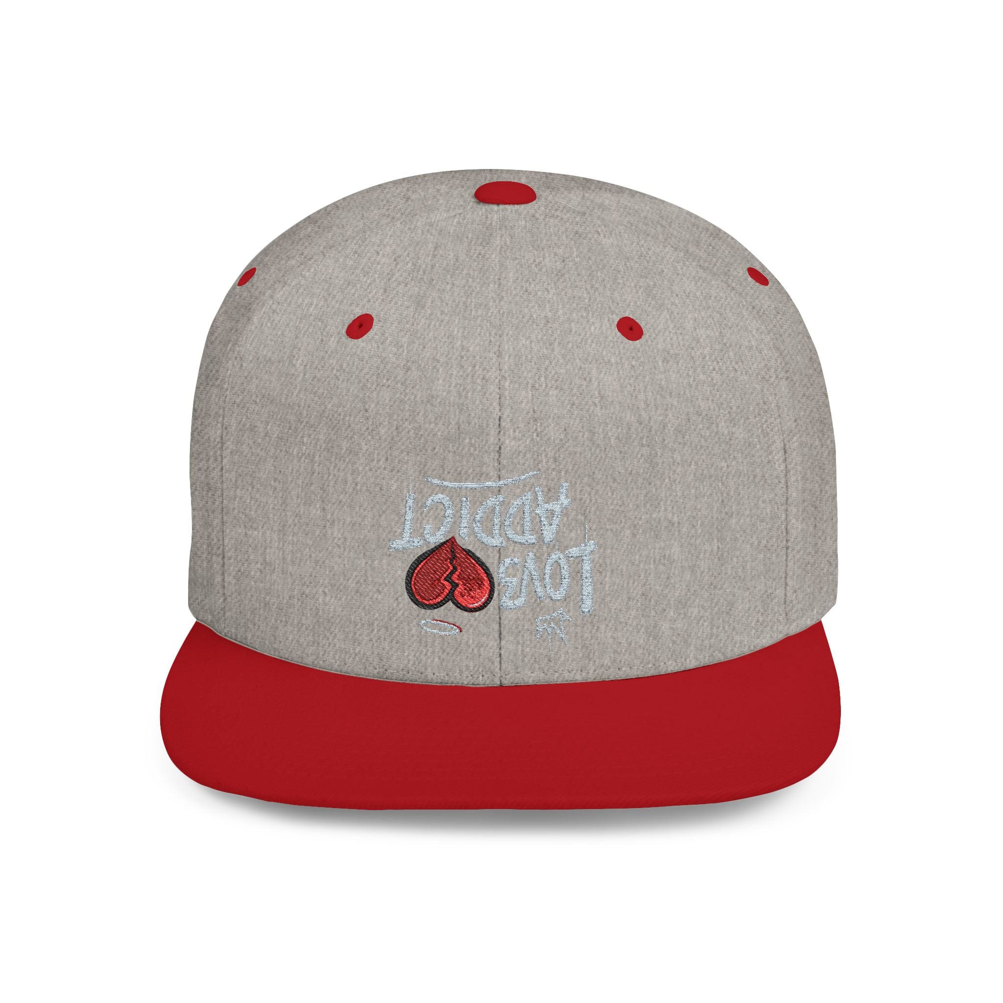 Flat Bill Snapback Hat — Red Heart Glitter Script Embroidered Cap