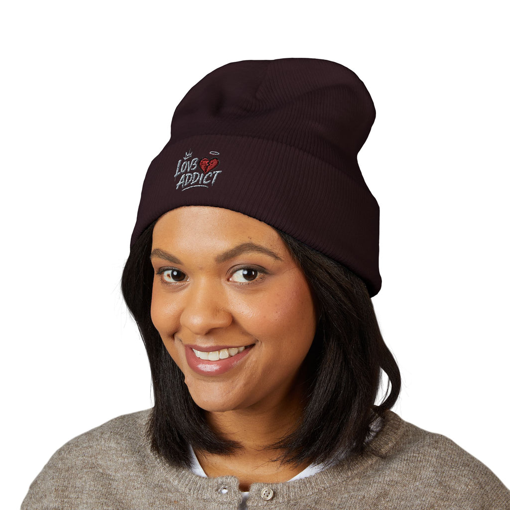 Iced Heart Addict Embroidered Beanie — Classic Cuffed Knit Hat