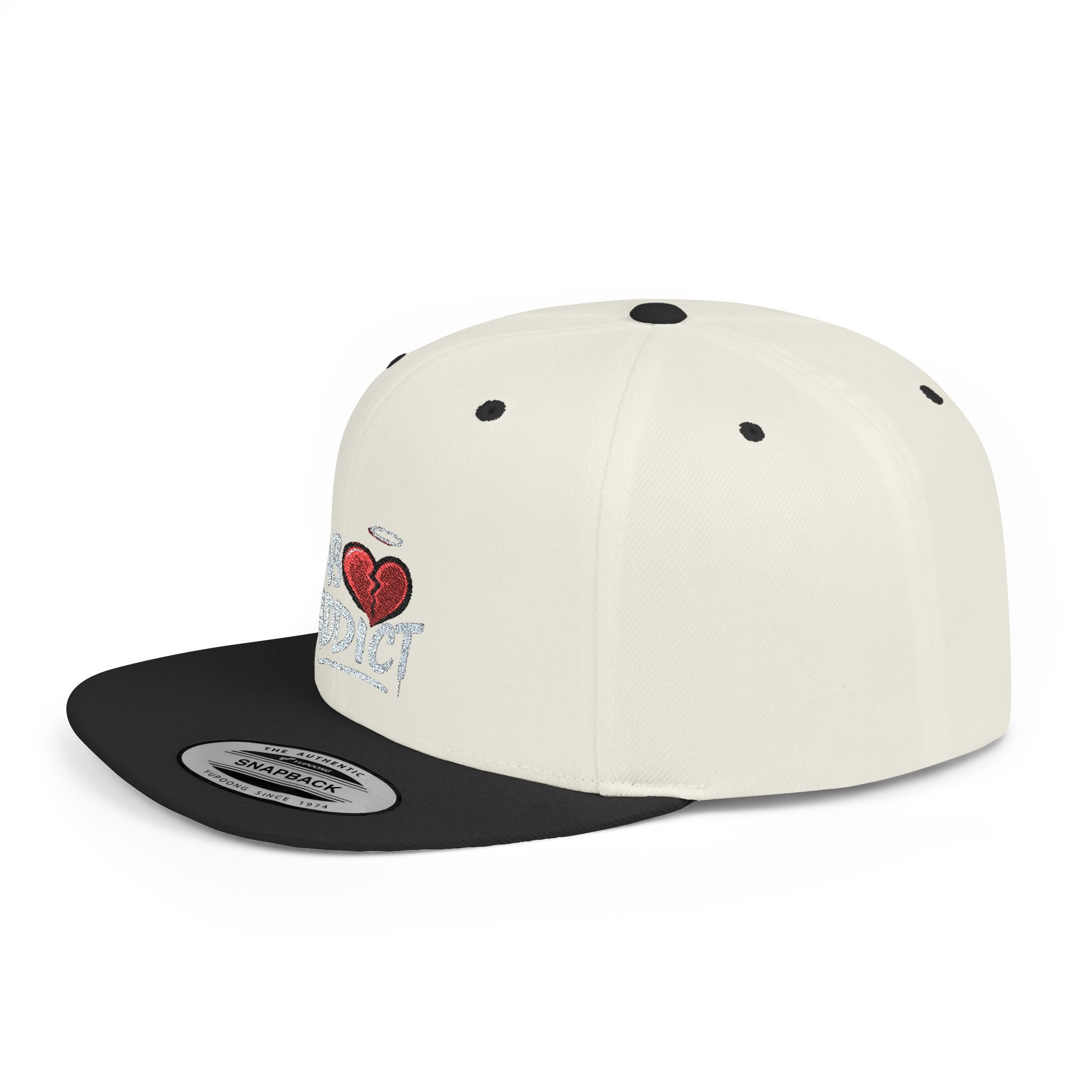 Flat Bill Snapback Hat — 'Lov3 Addict' Heart Embroidered Cap