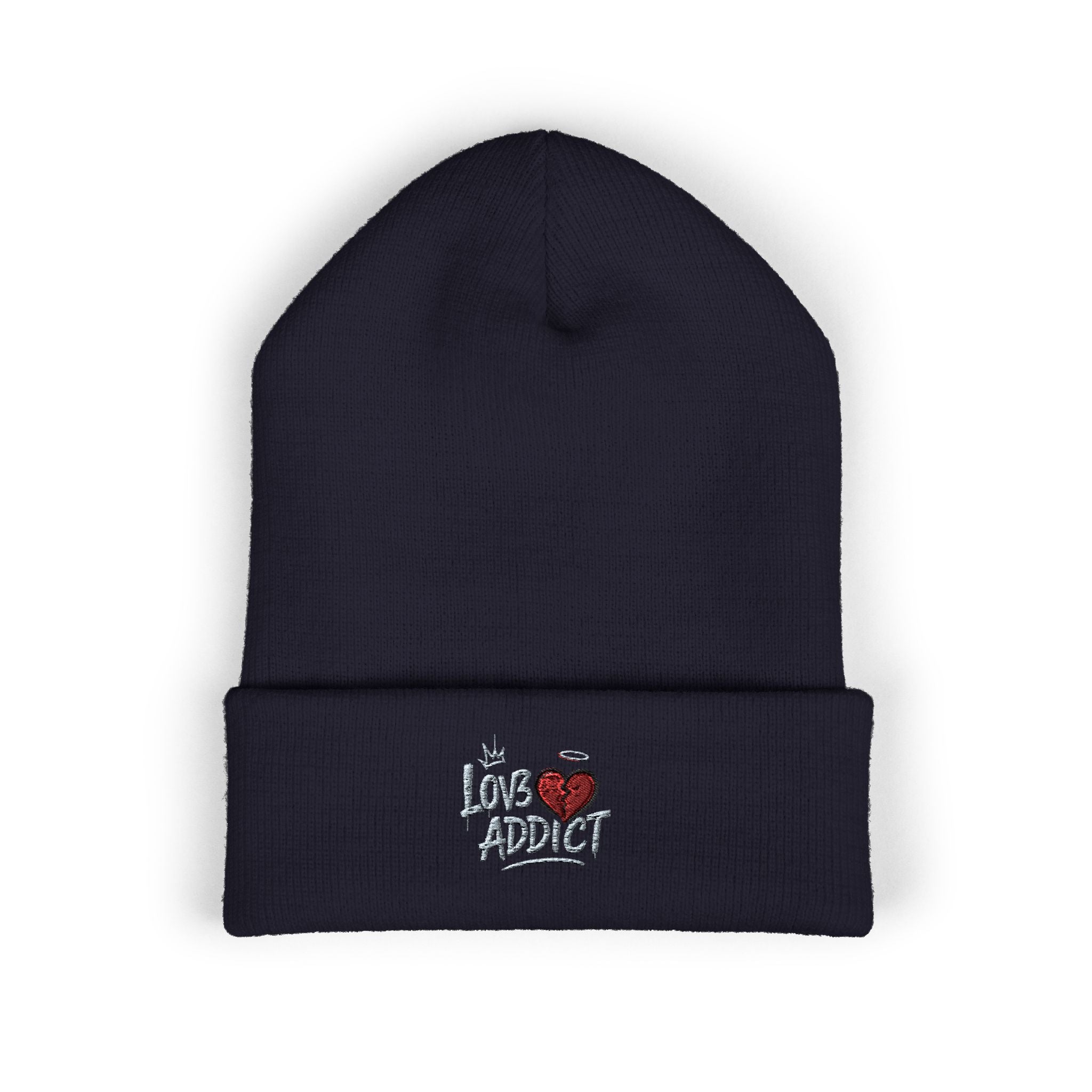 Iced Heart Addict Embroidered Beanie — Classic Cuffed Knit Hat