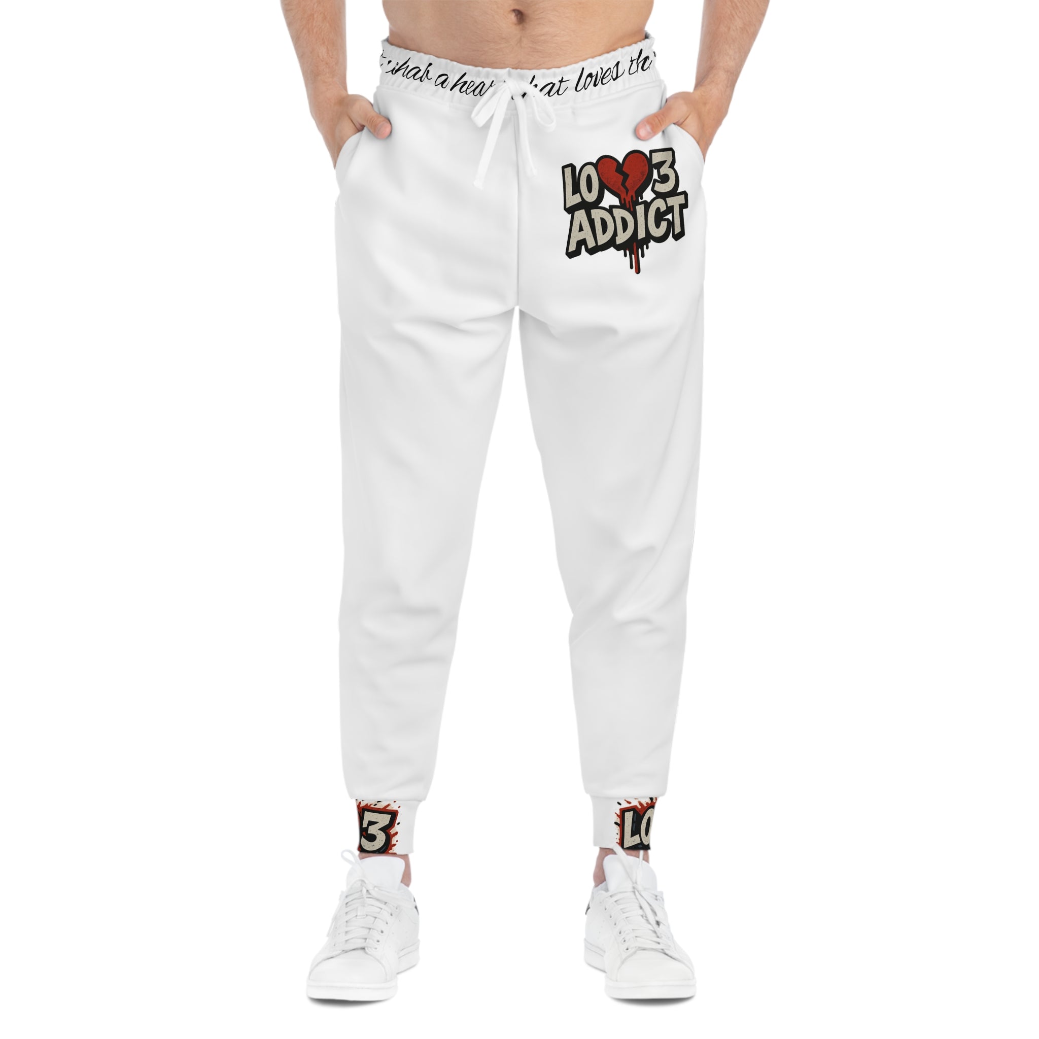 Lov3 Addict Joggers — White Graphic Athletic Sweatpants with Heart Logo