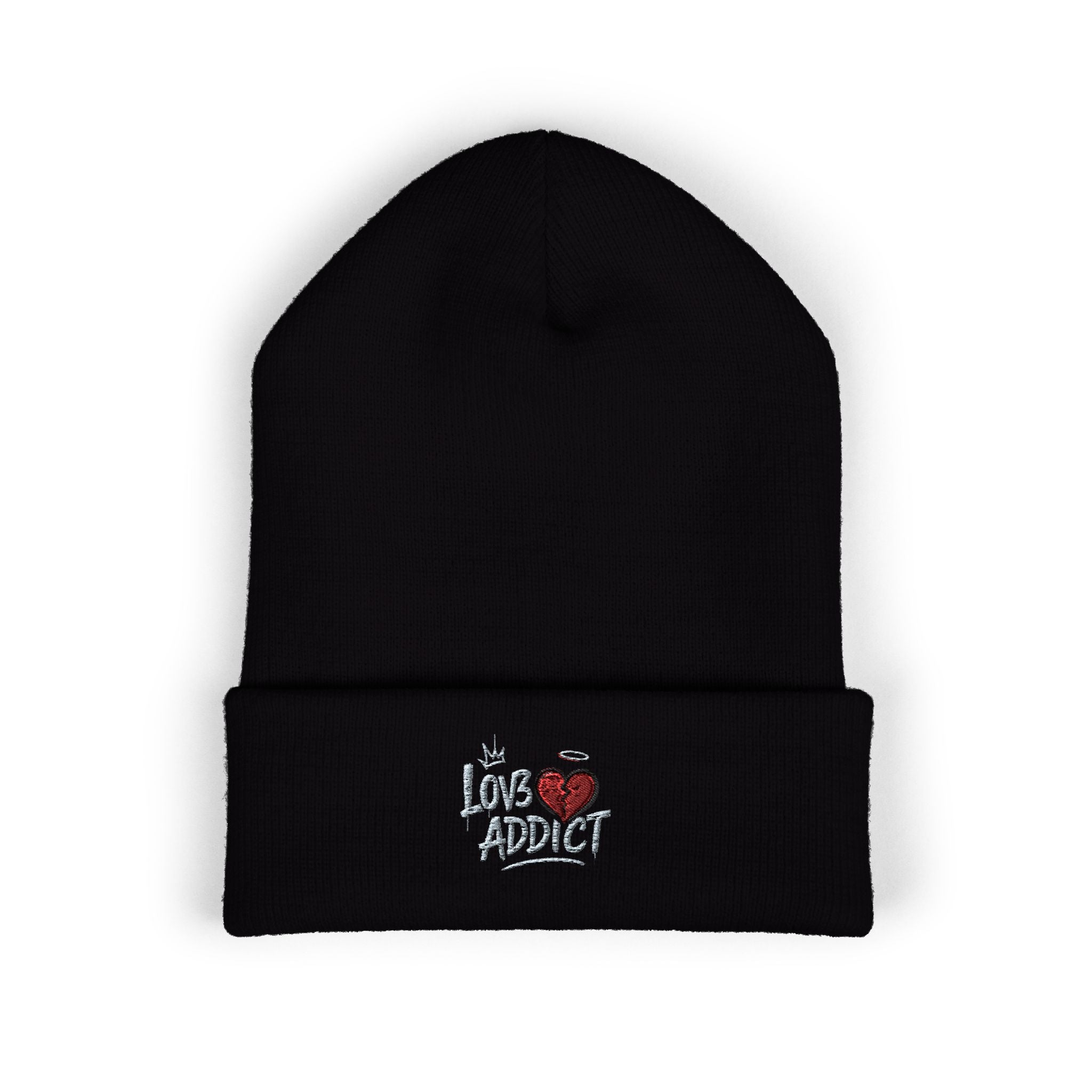 Iced Heart Addict Embroidered Beanie — Classic Cuffed Knit Hat