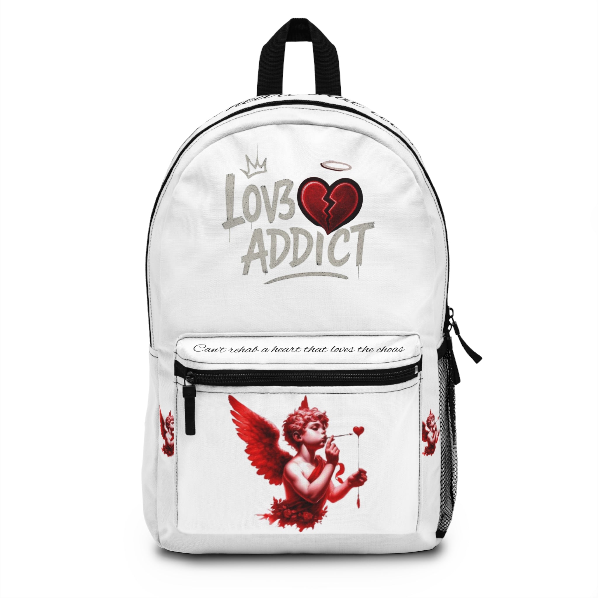 Lov3 Addict Backpack — White Cupid Heart Graphic School Bag
