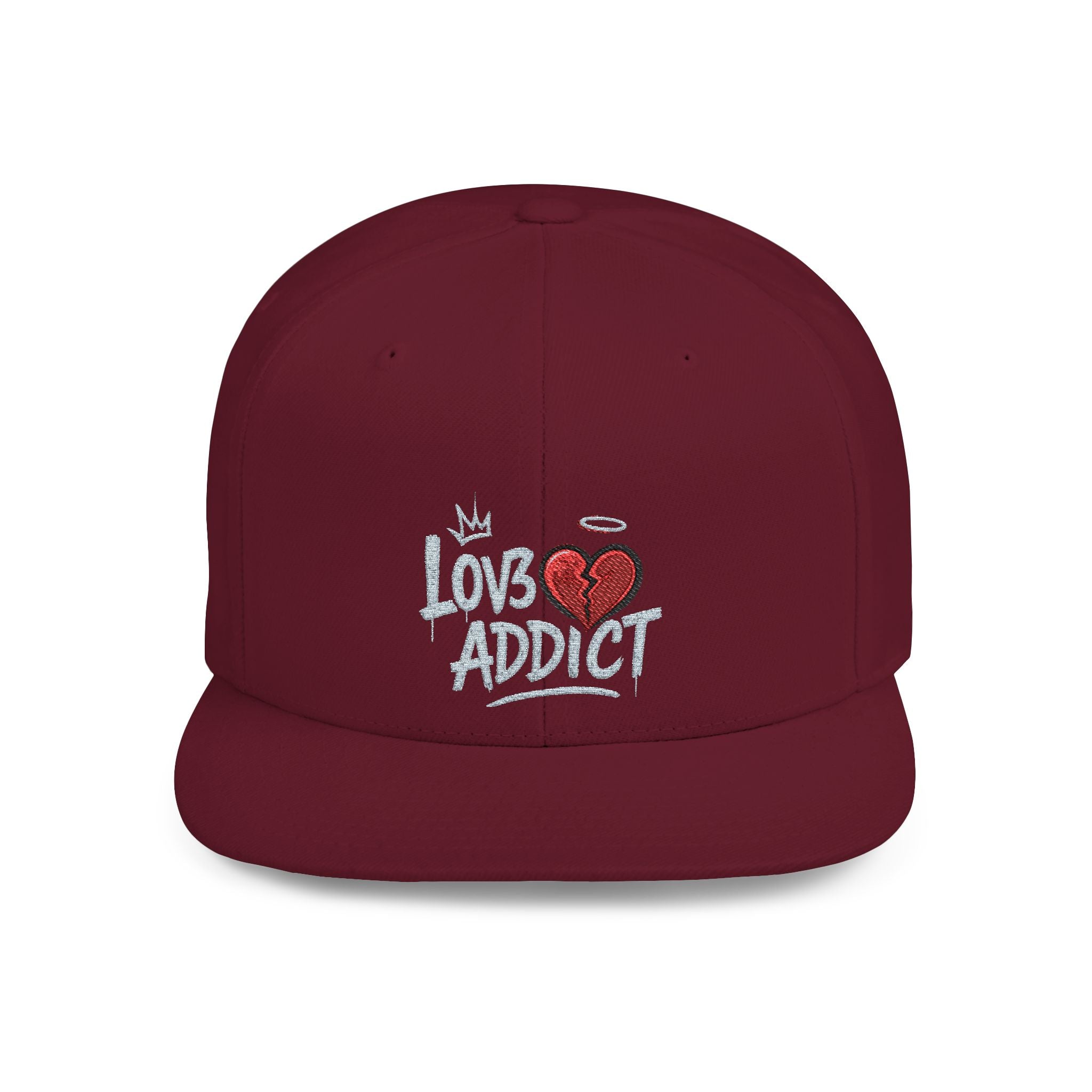 Flat Bill Snapback Hat — 'Lov3 Addict' Heart Embroidered Cap