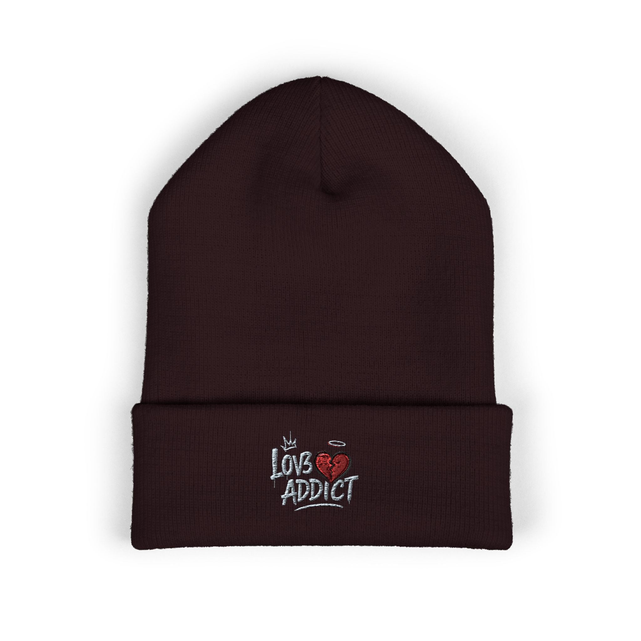 Iced Heart Addict Embroidered Beanie — Classic Cuffed Knit Hat