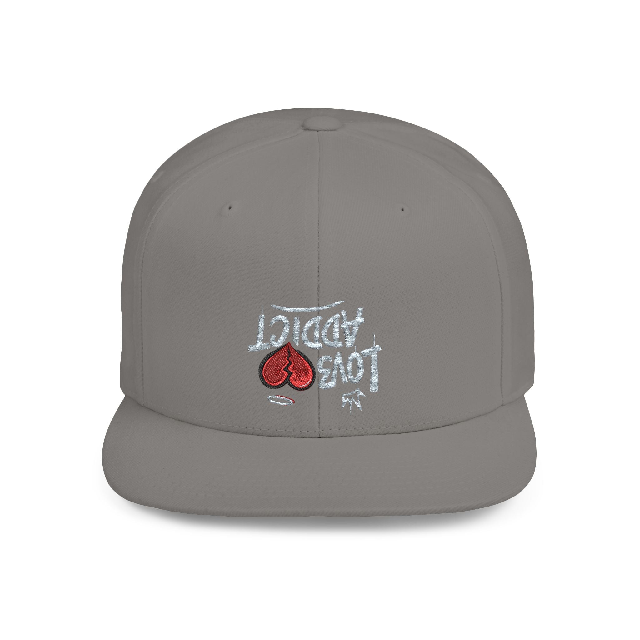Flat Bill Snapback Hat — Red Heart Glitter Script Embroidered Cap