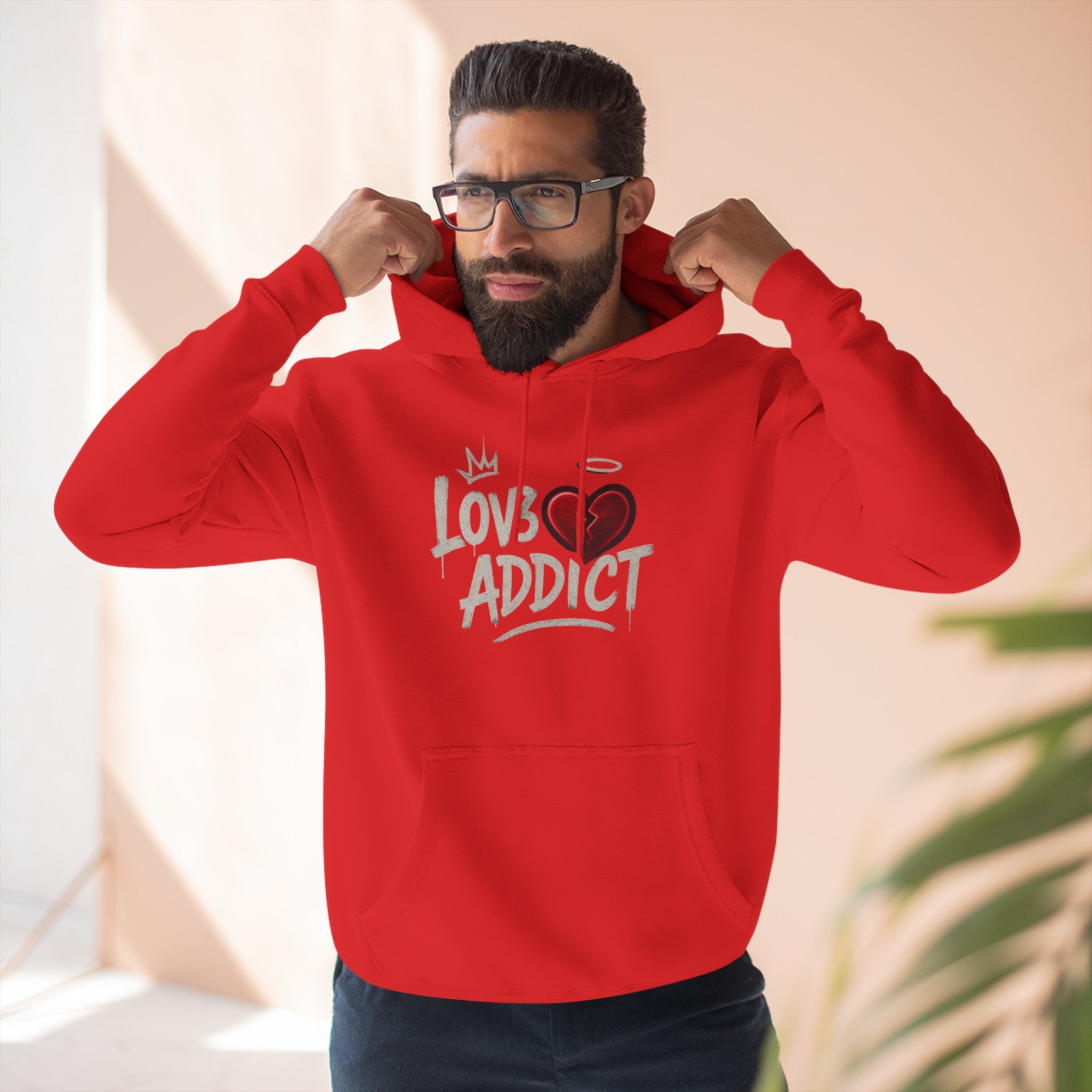 Hoodie - 'Lov3 Addict' Red Cupid Graphic Fleece Hoodie