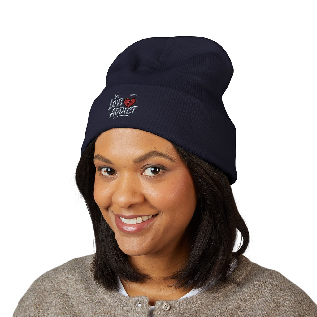 Iced Heart Addict Embroidered Beanie — Classic Cuffed Knit Hat