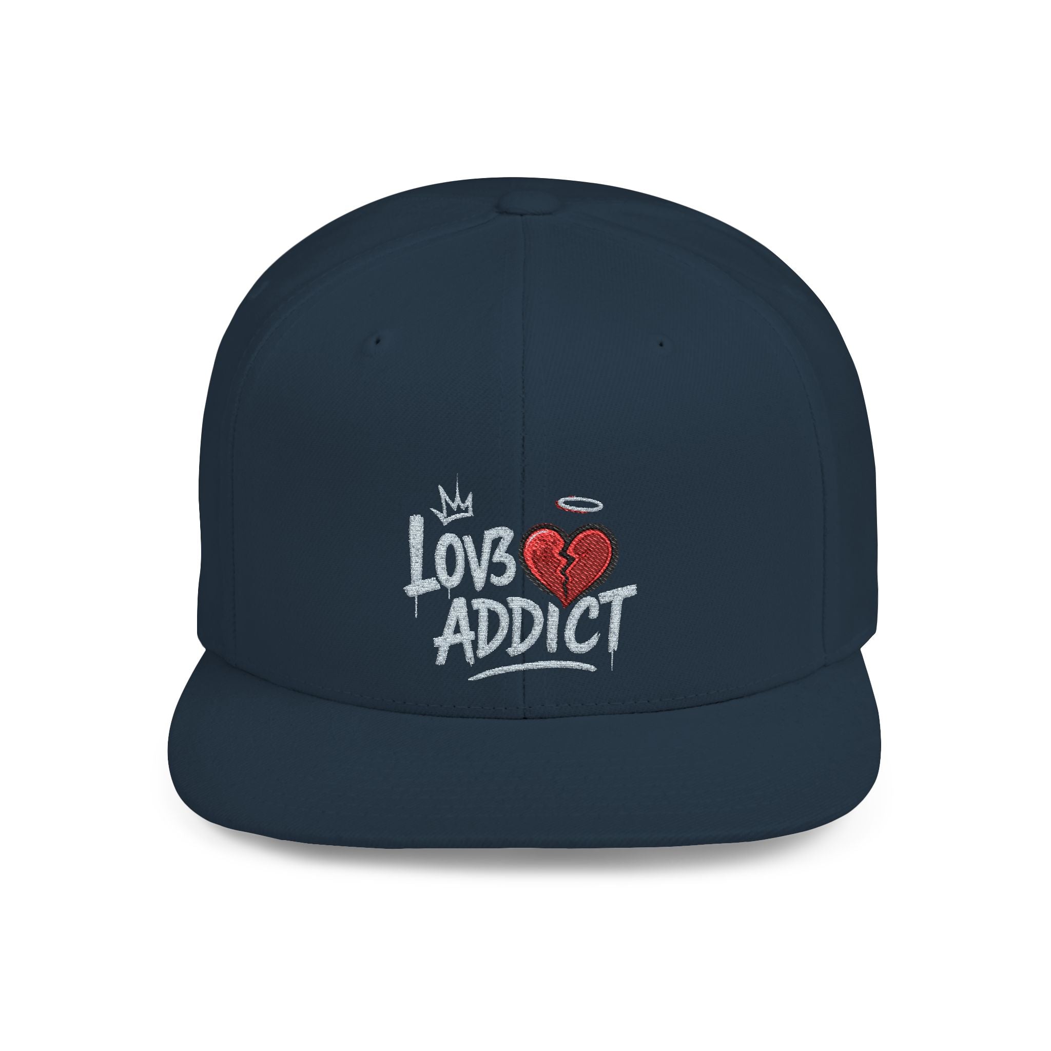 Flat Bill Snapback Hat — 'Lov3 Addict' Heart Embroidered Cap