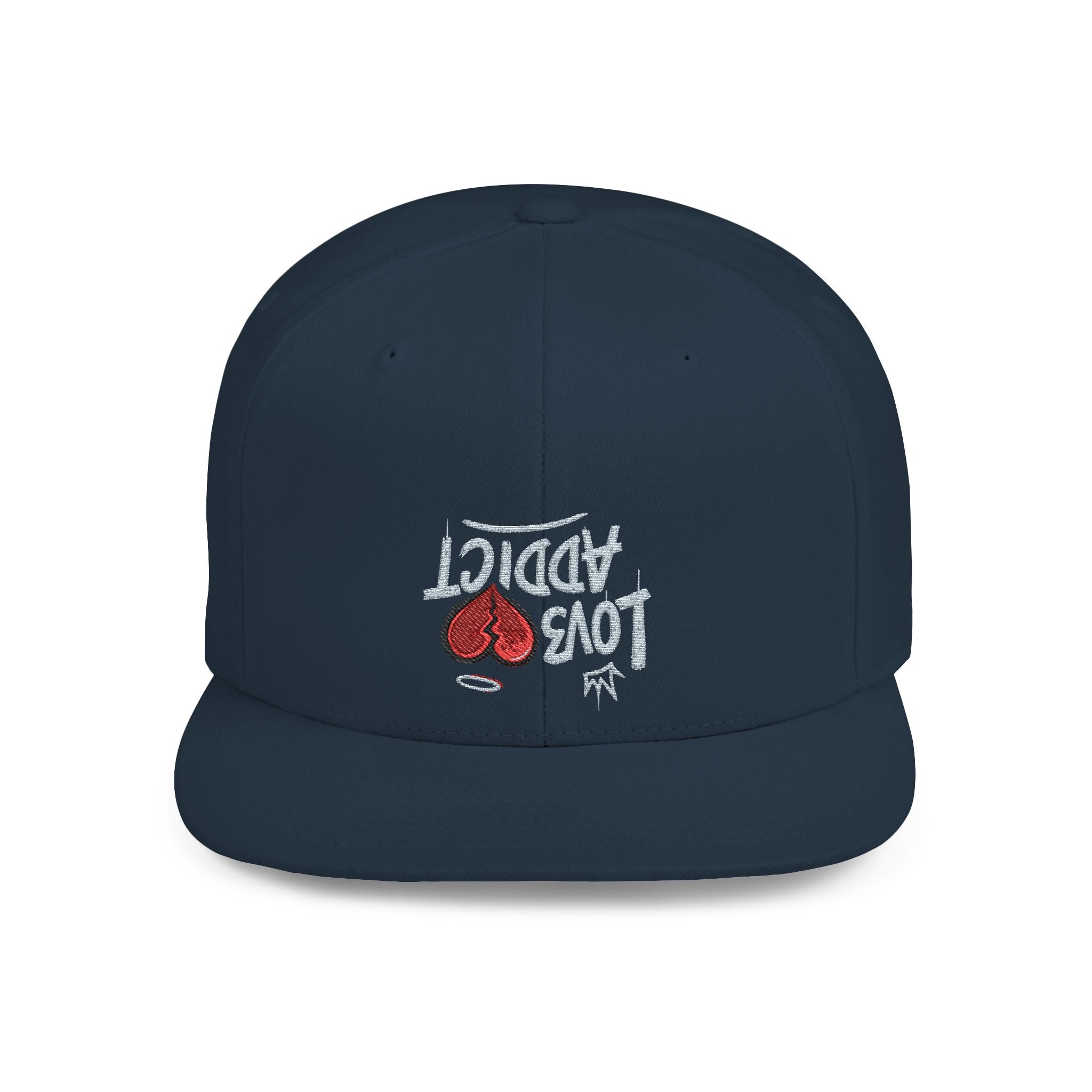 Flat Bill Snapback Hat — Red Heart Glitter Script Embroidered Cap
