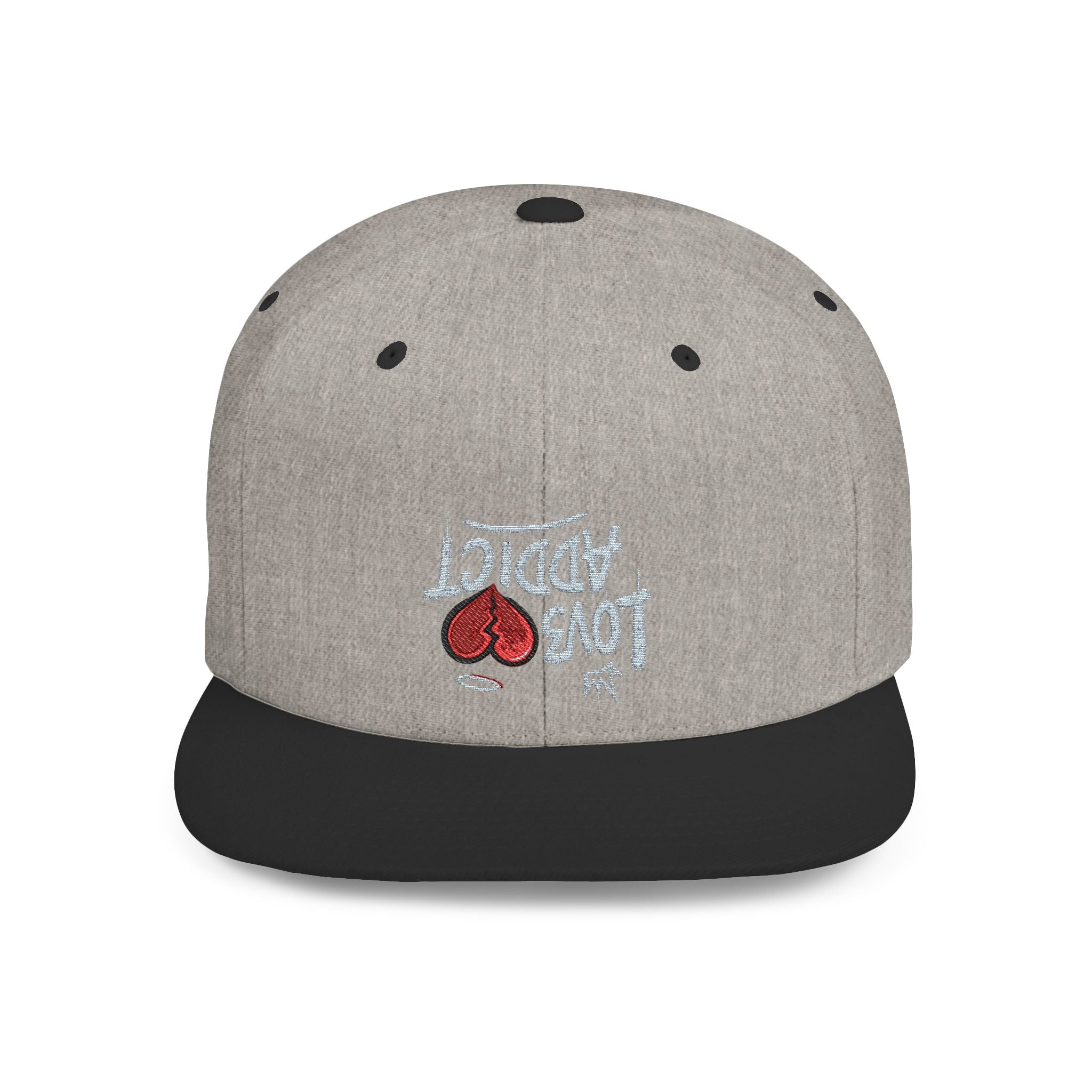 Flat Bill Snapback Hat — Red Heart Glitter Script Embroidered Cap