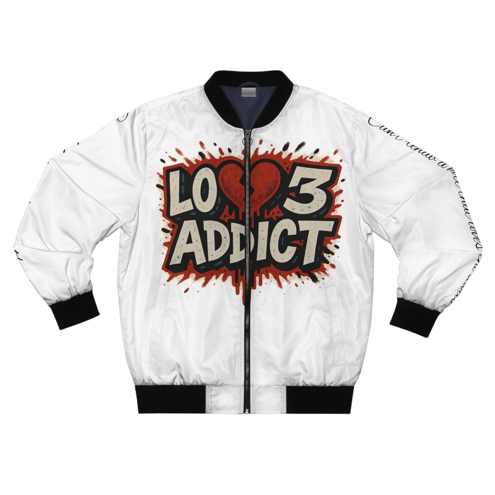 Lov3 Addict Bomber Jacket — Retro Graffiti Heart Cupid AOP