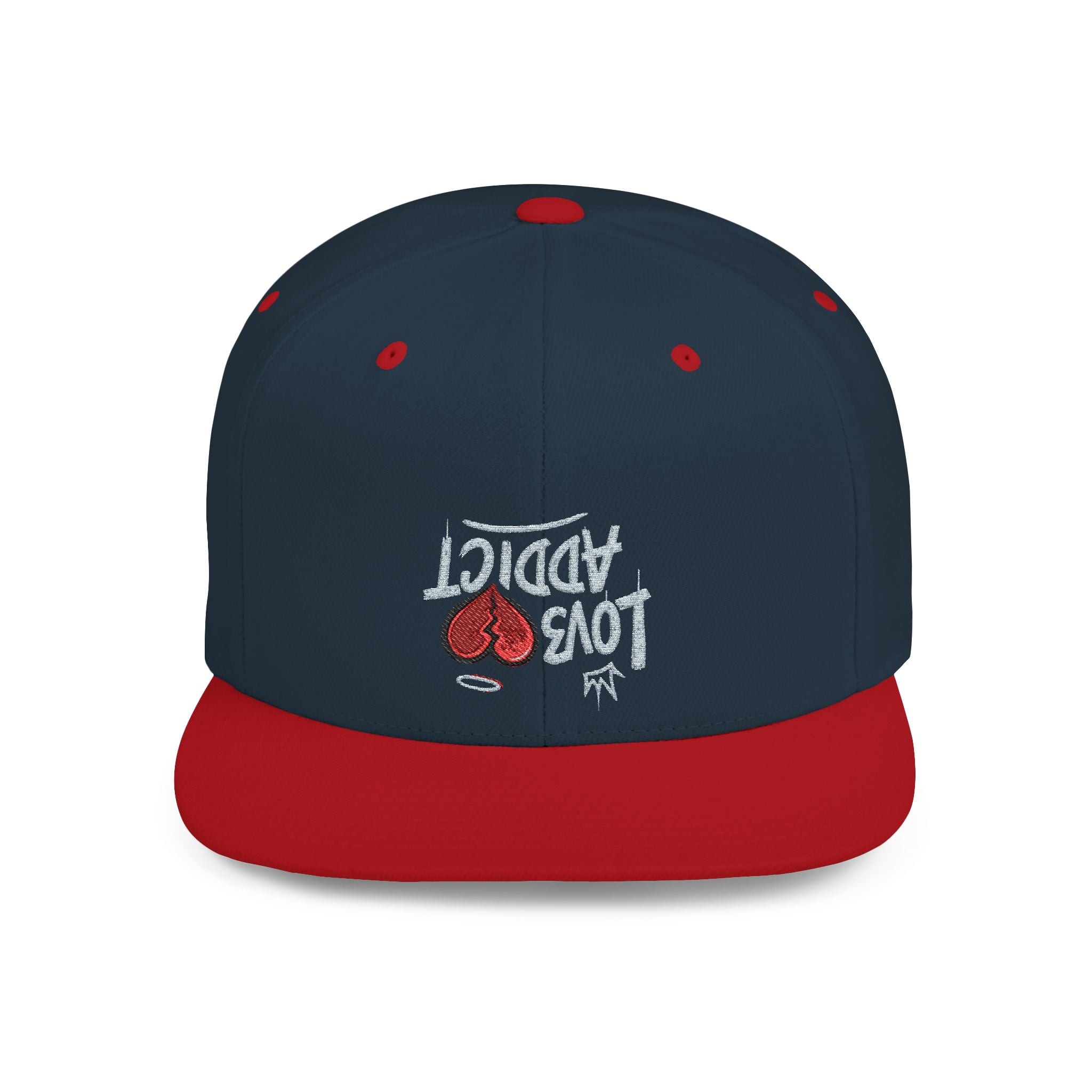 Flat Bill Snapback Hat — Red Heart Glitter Script Embroidered Cap