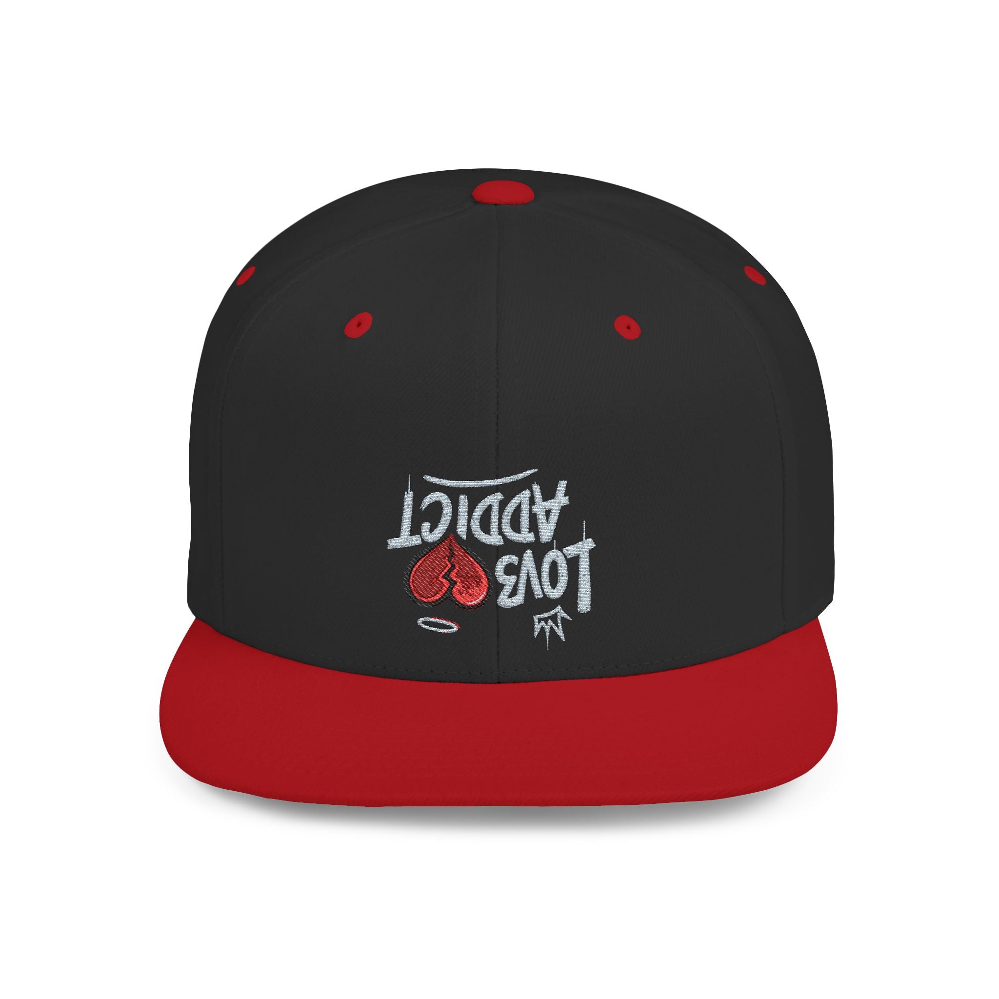 Flat Bill Snapback Hat — Red Heart Glitter Script Embroidered Cap