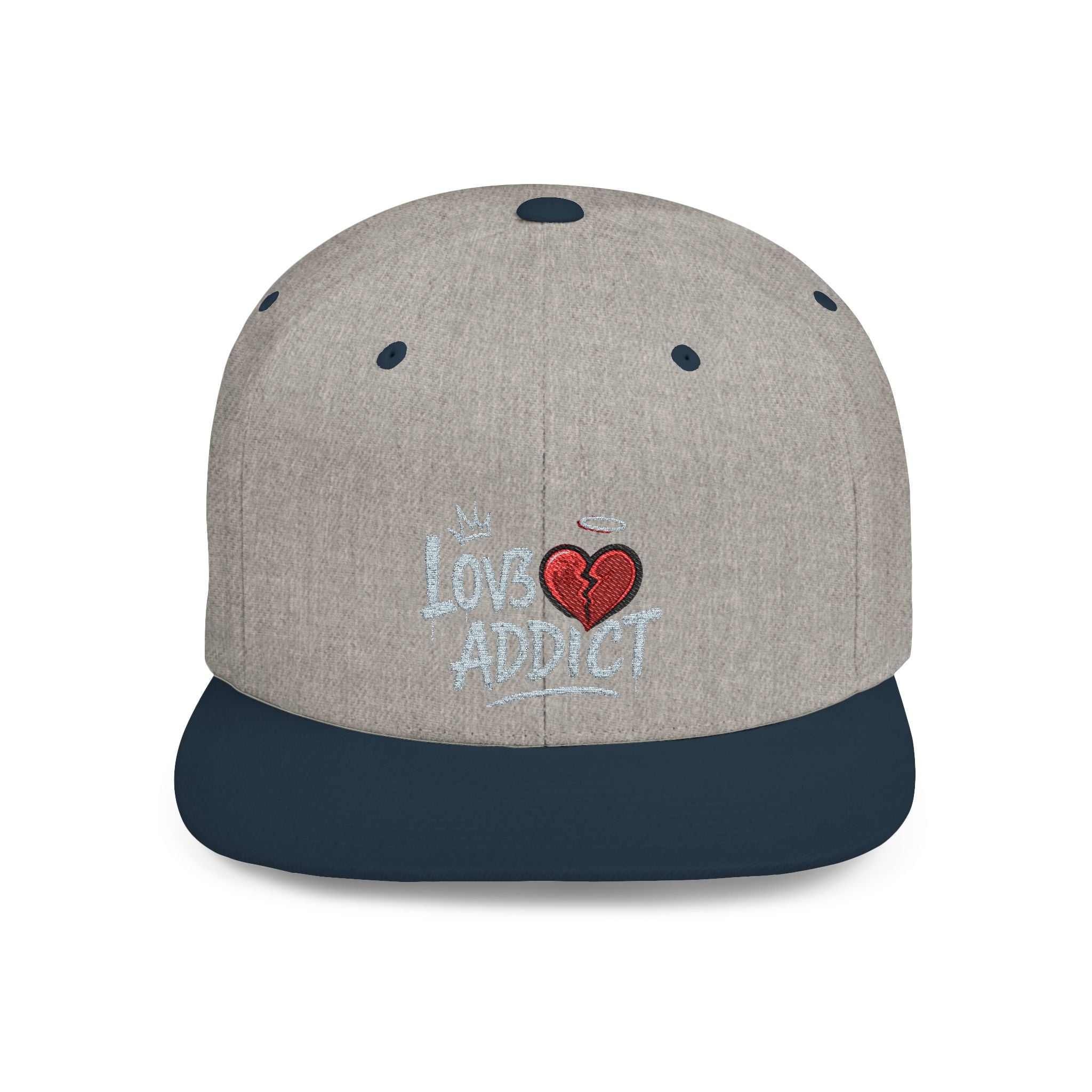 Flat Bill Snapback Hat — 'Lov3 Addict' Heart Embroidered Cap