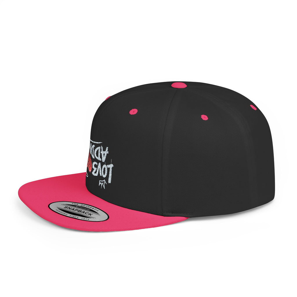 Flat Bill Snapback Hat — Red Heart Glitter Script Embroidered Cap