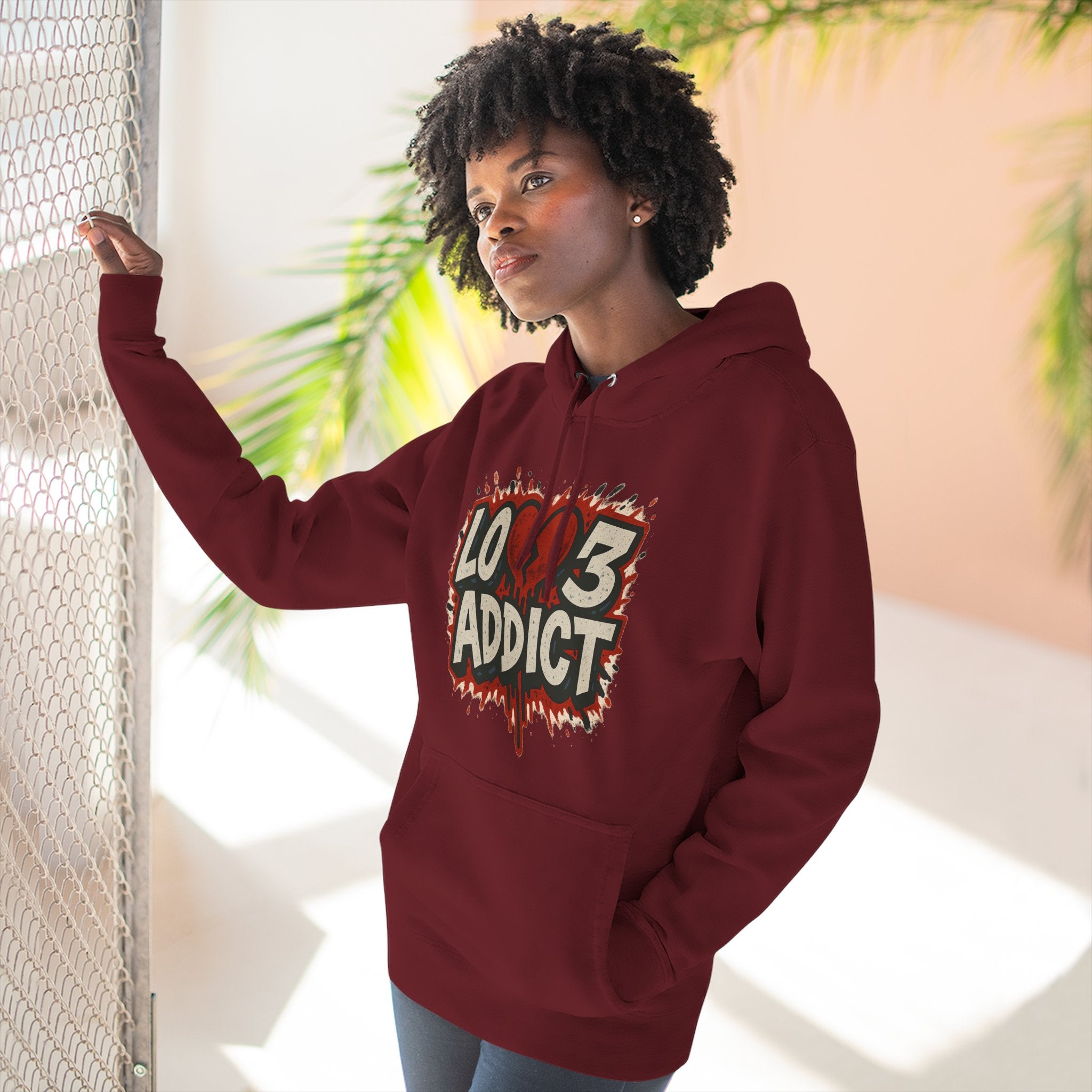 Hoodie - 'Lov3 Addict' Red Cupid Graphic Fleece Hoodie