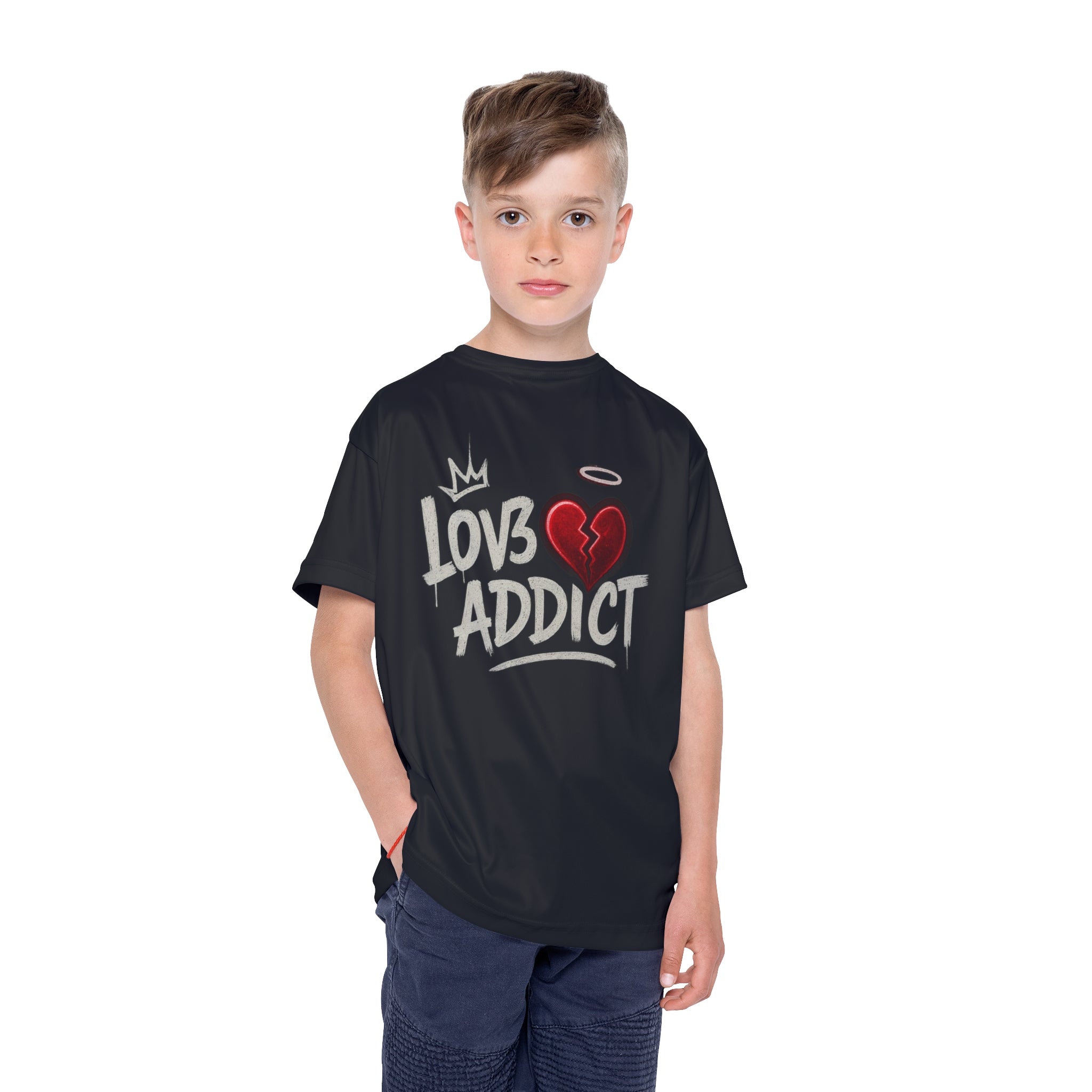 Kids Jersey - "Lov3 Addict" Broken Heart Graphic Sports Tee