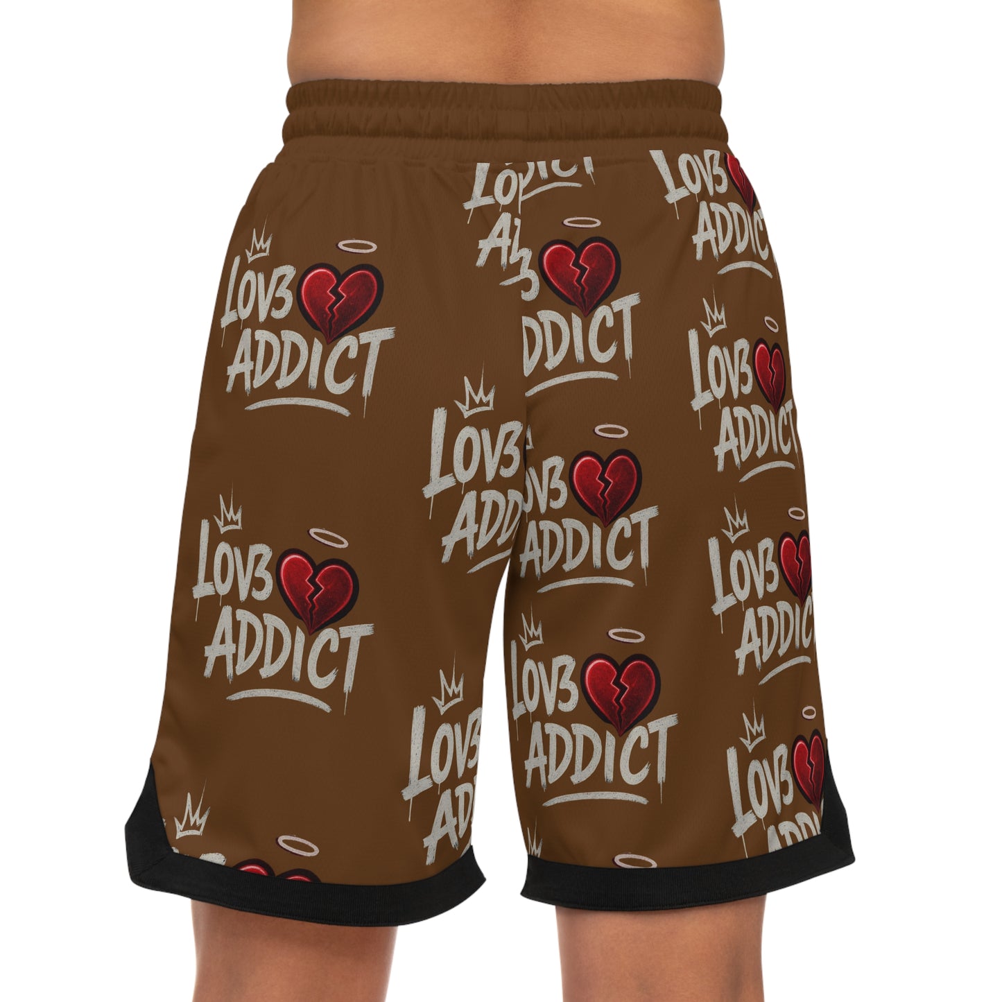 Basketball Shorts — 'Lov3 Addict' Heart Graphic All-Over Print
