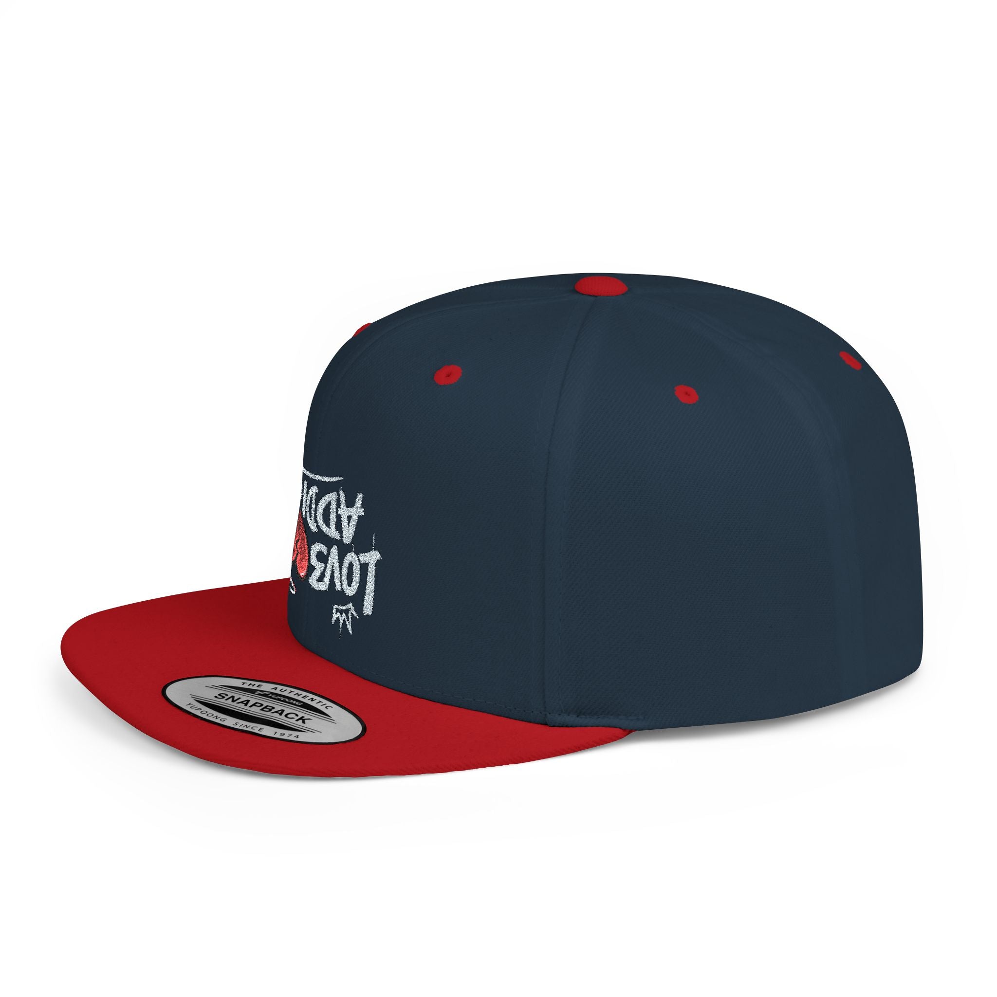 Flat Bill Snapback Hat — Red Heart Glitter Script Embroidered Cap